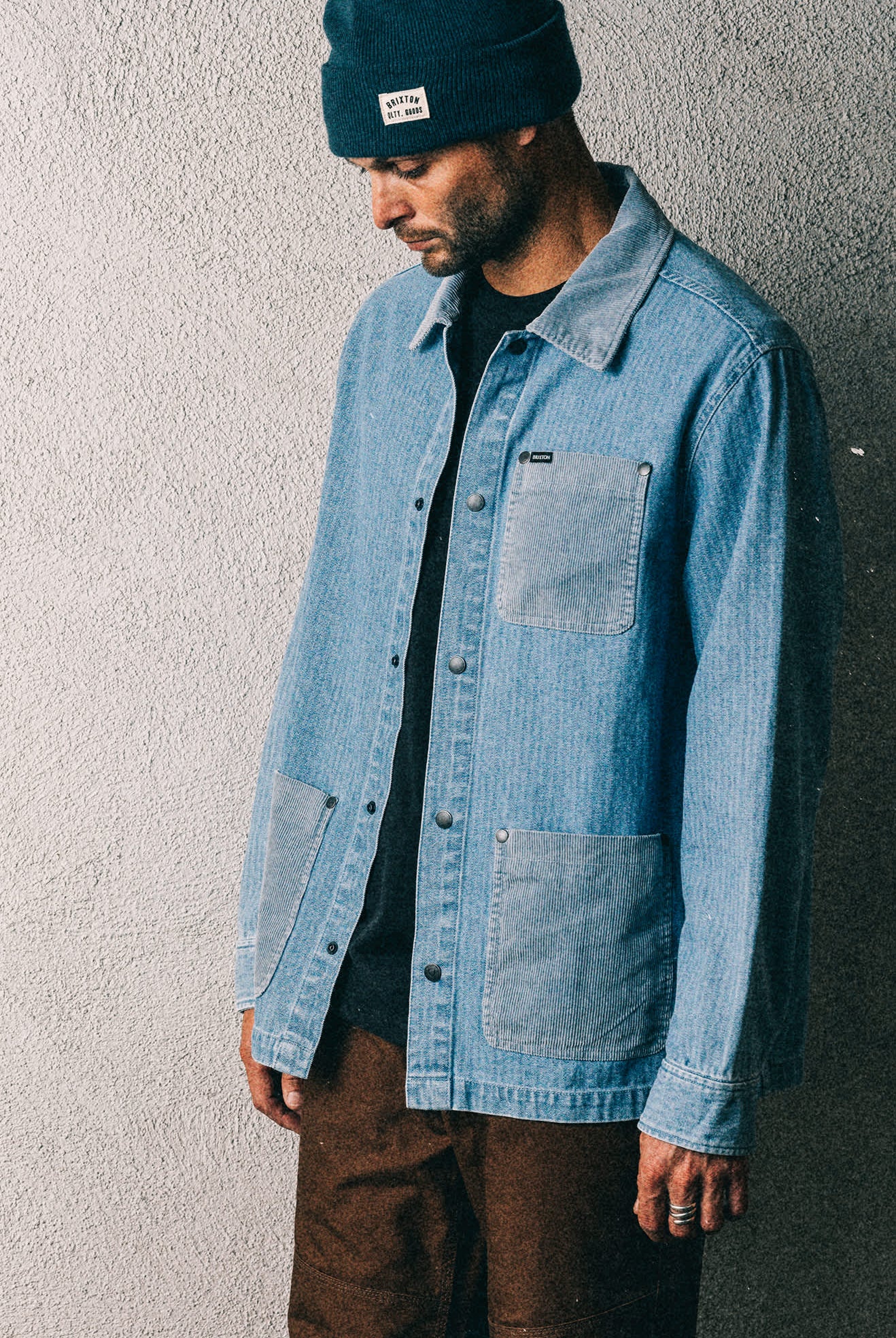 Men's Herringbone Lightweight Chore Coat in the color Light Wash Denim Herringbone - Men's Lifestyle image