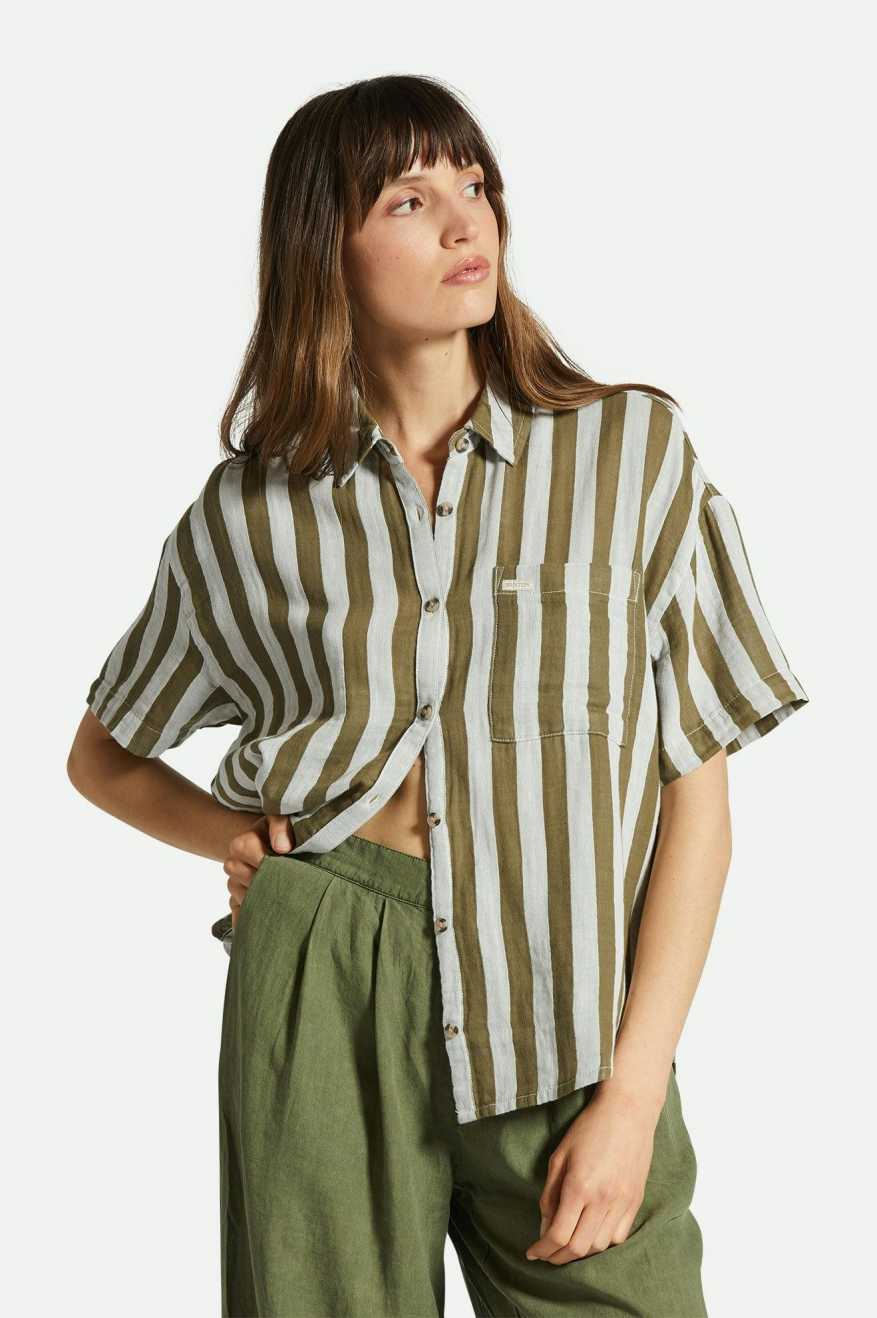 Mykonos Stripe Boyfriend S/S Woven Shirt - Military Olive