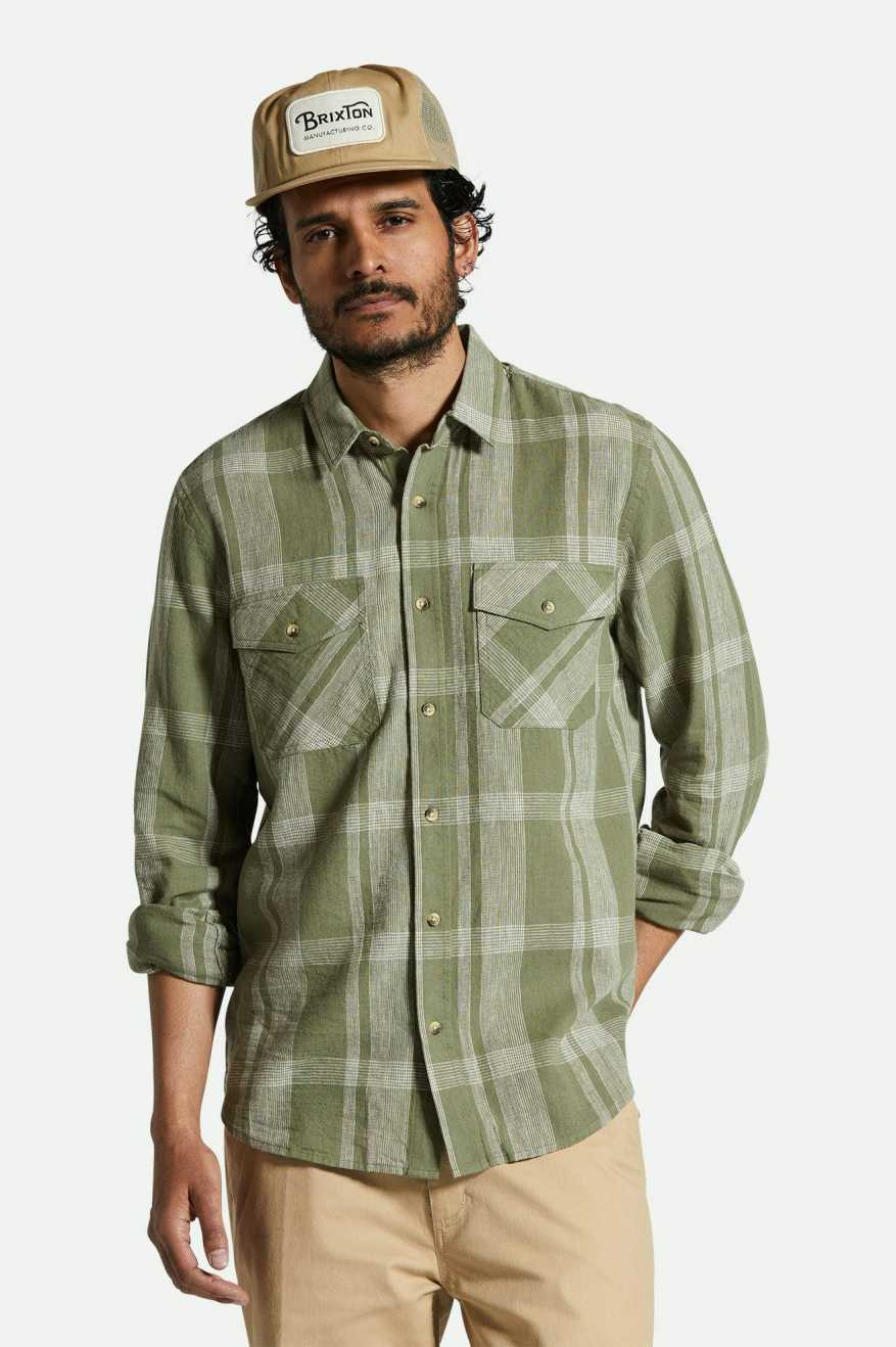 Memphis Linen Blend L/S Woven Shirt - Olive Surplus/Whitecap