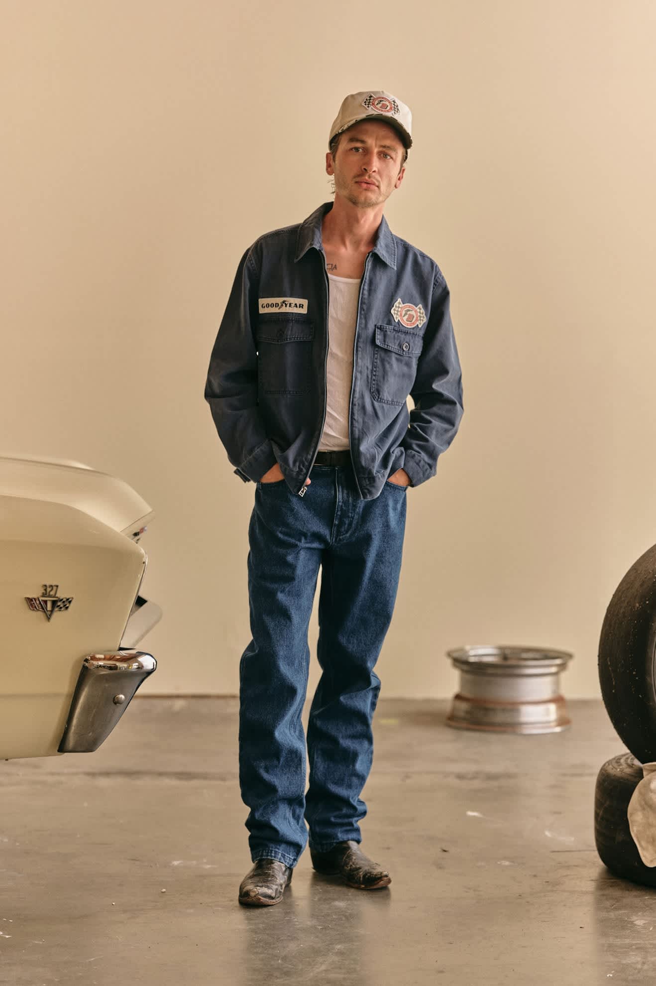 Men's Goodyear Trademark Lightweight Coaches Jacket in the color Washed Navy - Additional Fit image