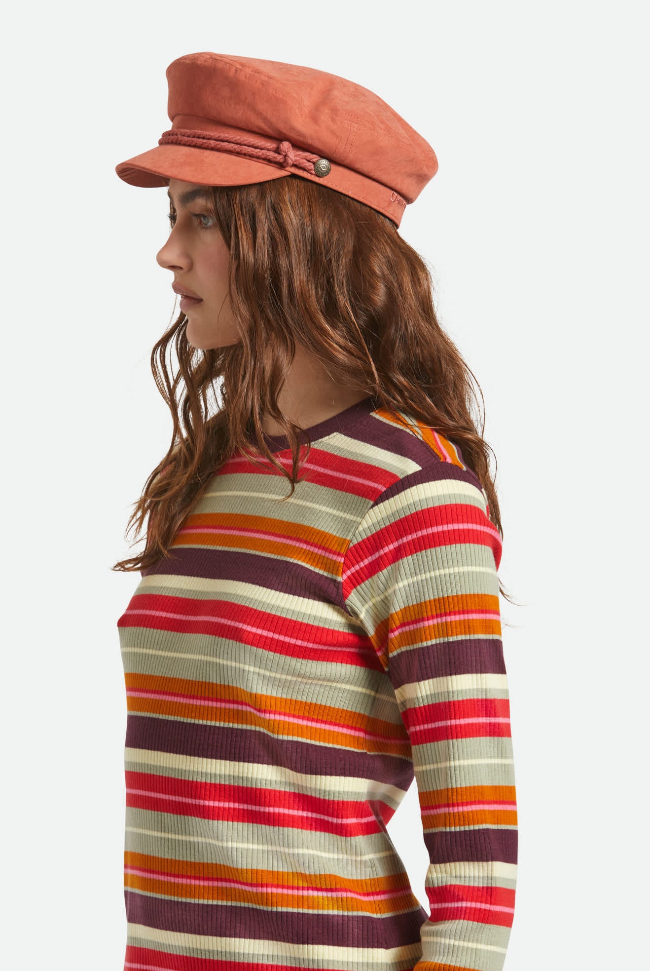 Women's Fiddler Fisherman Cap in the color Terracota Brushed Satin - Women's Side View