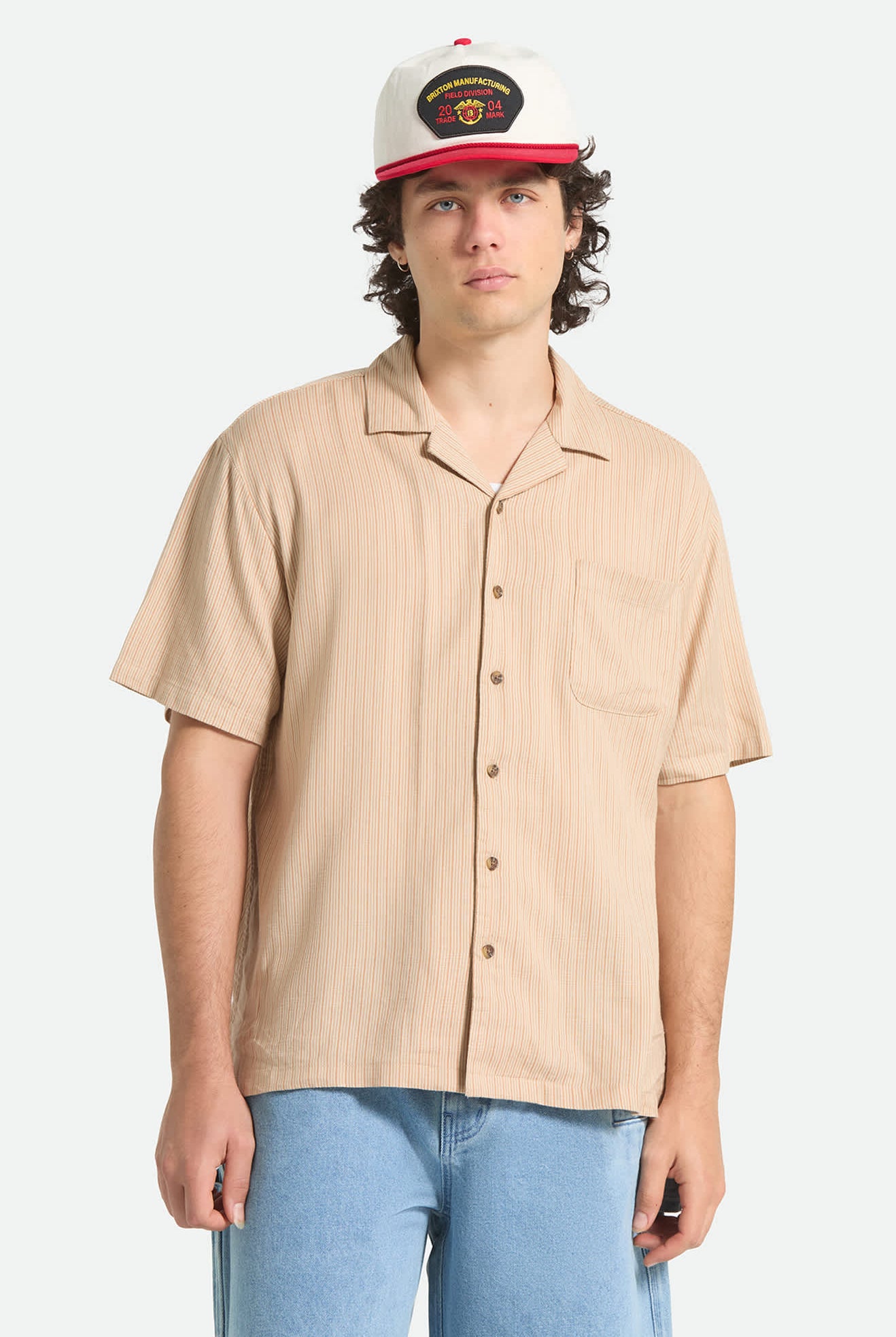 Men's Bunker Slub Short Sleeve Shirt in the color Italian Clay Stripe - Men's Front View