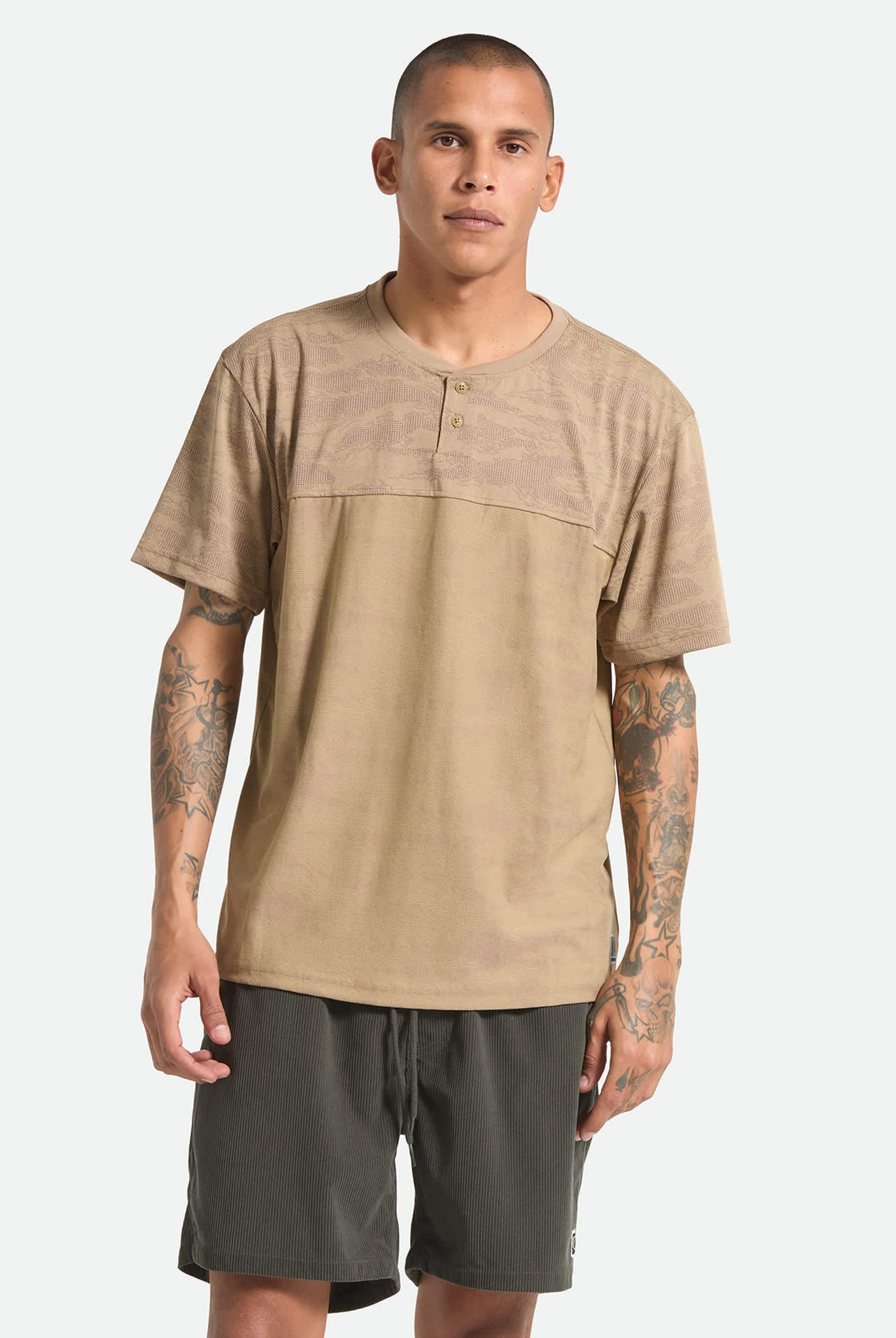 Men's Journey Short Sleeve Henley in the color Desert Tiger Camo - Men's Front View