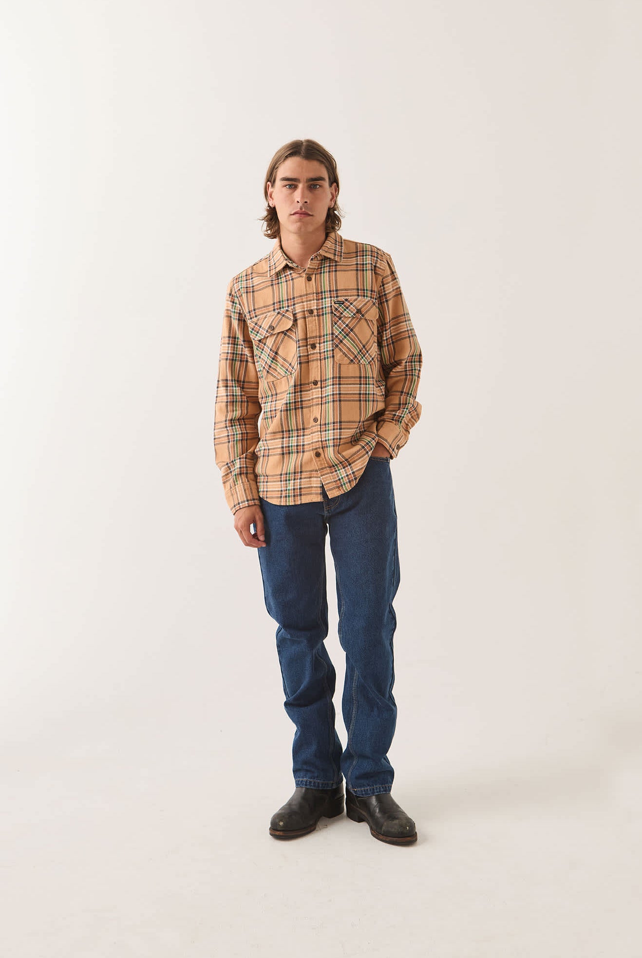 Men's Bowery Flannel in the color Khaki/Multi - Men's Front View