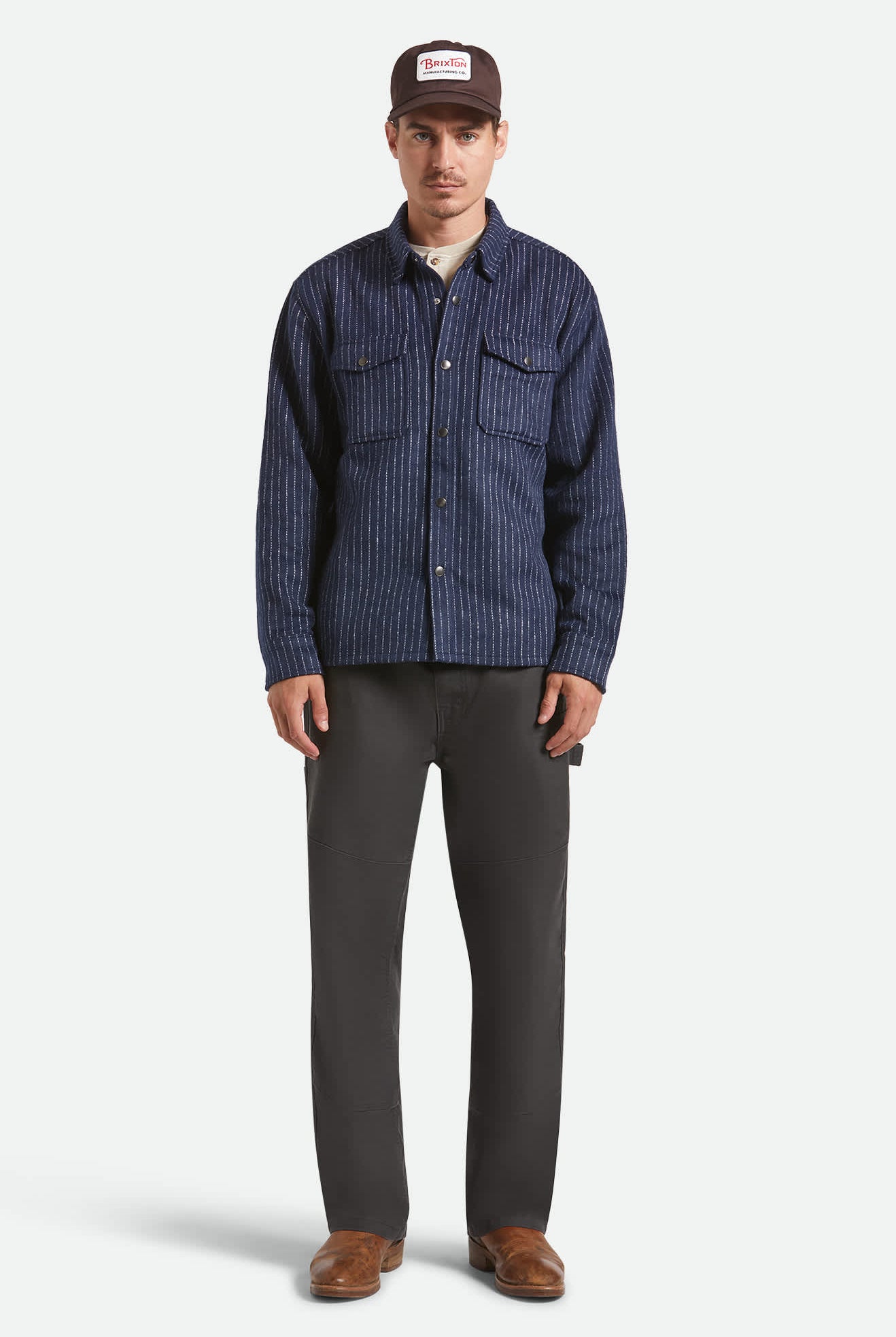 Men's Selden Soft Brushed Flannel in the color Mood Indigo Pinestripe - Additional Fit image