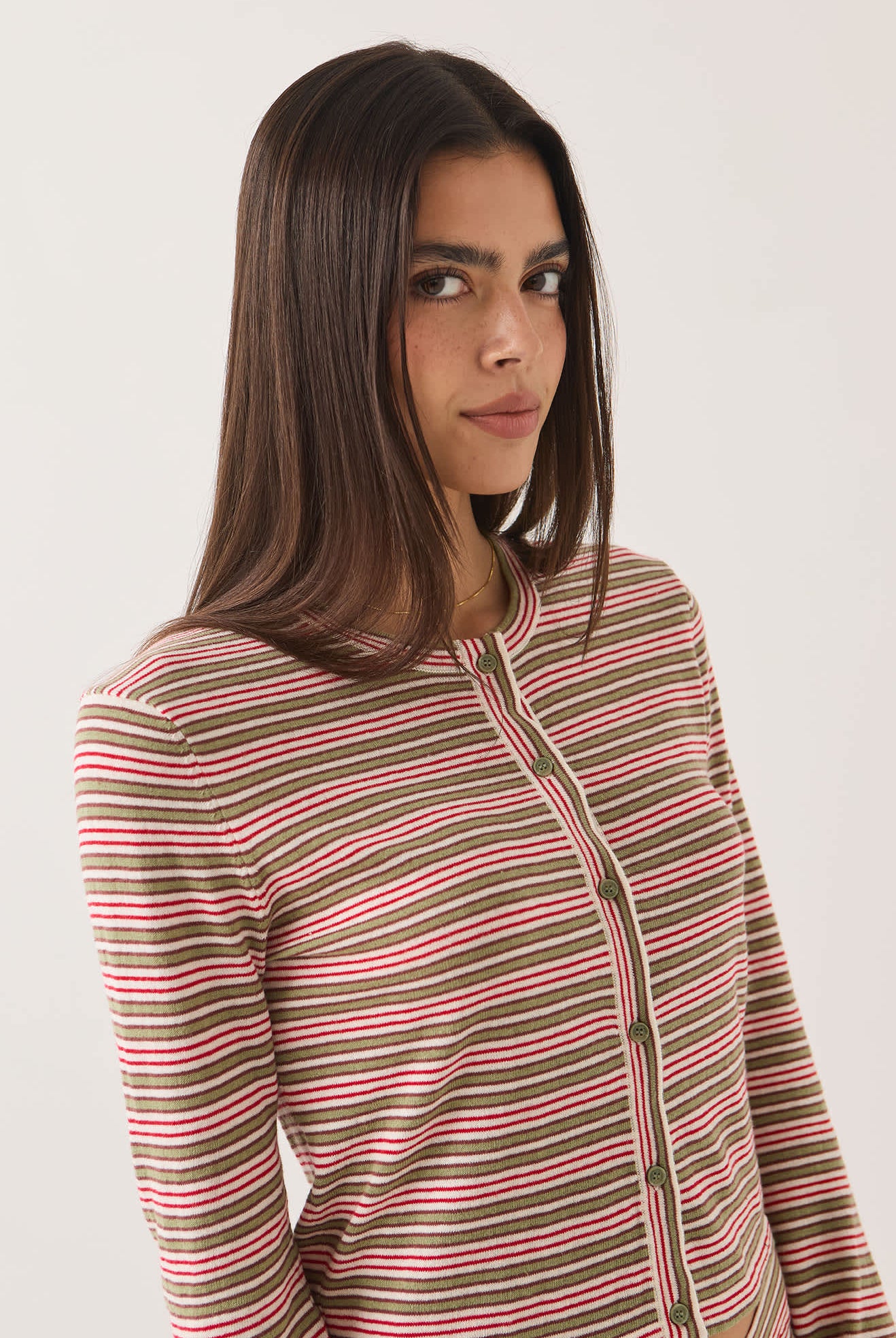 Women's Bixby Lightweight Cardigan in the color Green Multi Stripe - Additional Fit image
