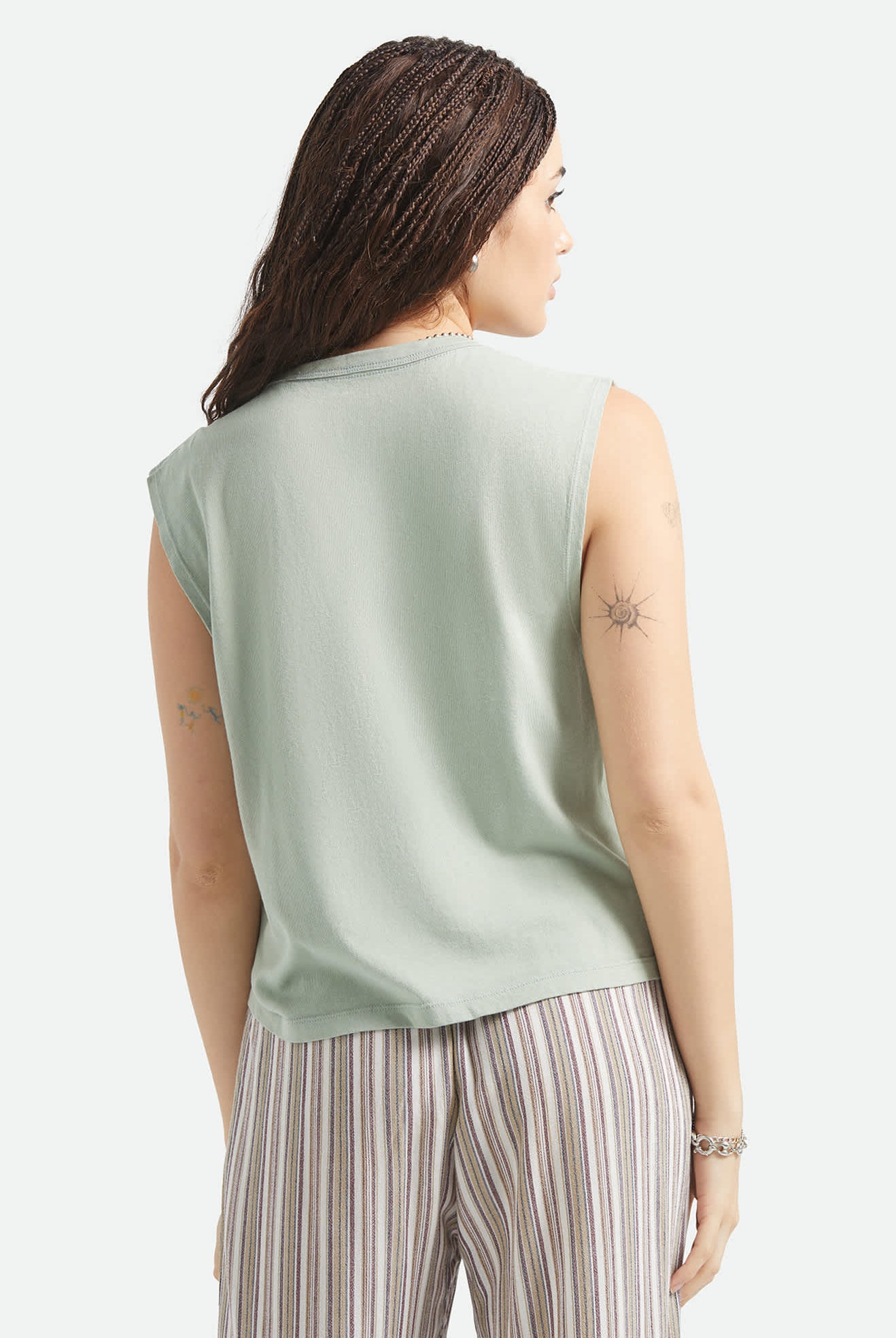 Women's Brixton Ranch Muscle Tank in the color Sage Green - Women's Back View