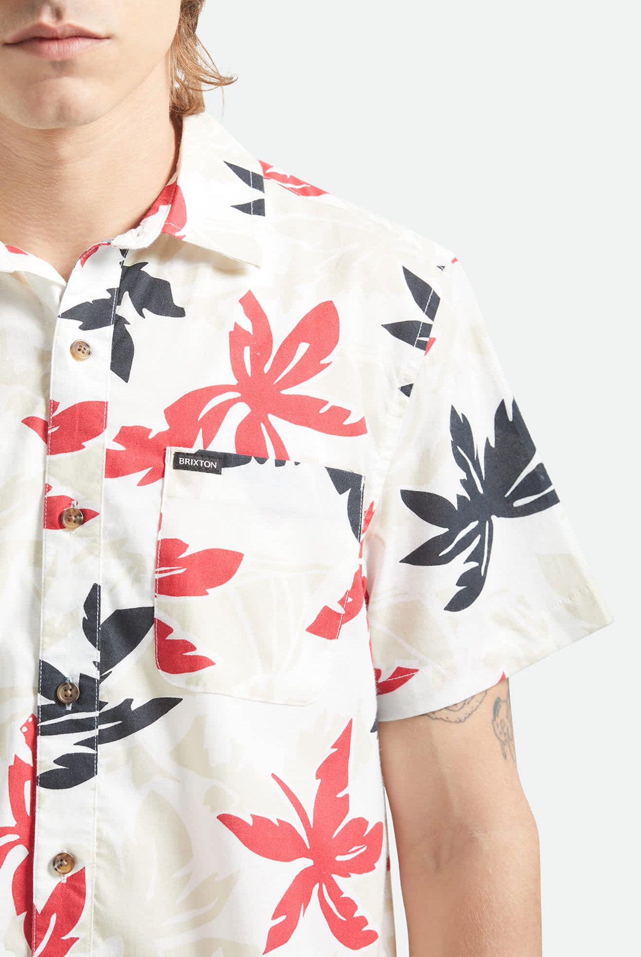 Men's Charter Print Short Sleeve Shirt in the color Off White/Black/Red Palm Floral - Additional Fit image