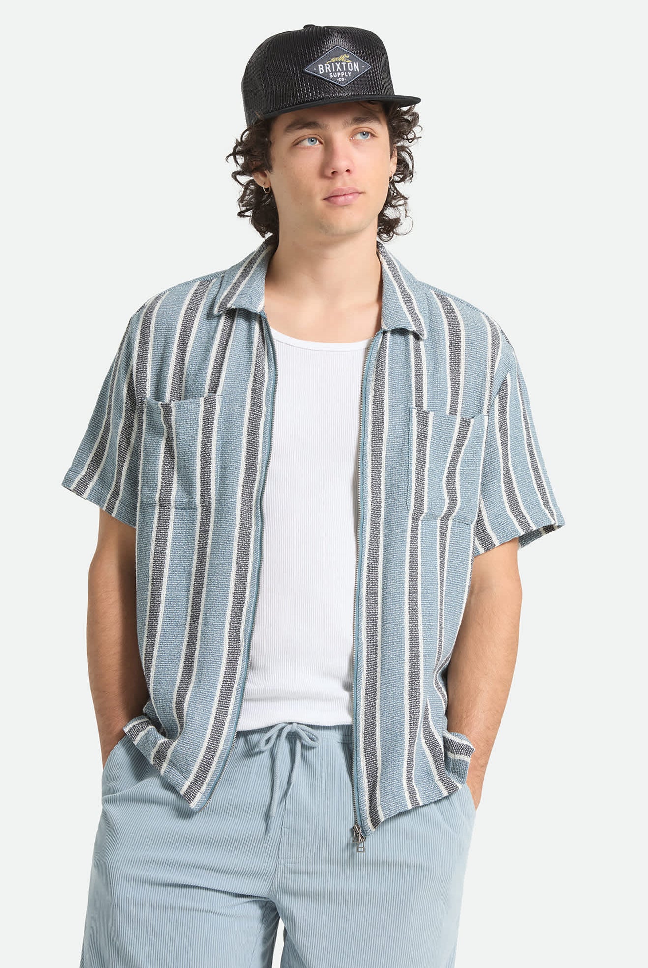 Men's The Dexter Textured Stripe Short Sleeve Shirt in the color Black/Dusty Blue - Men's Front View