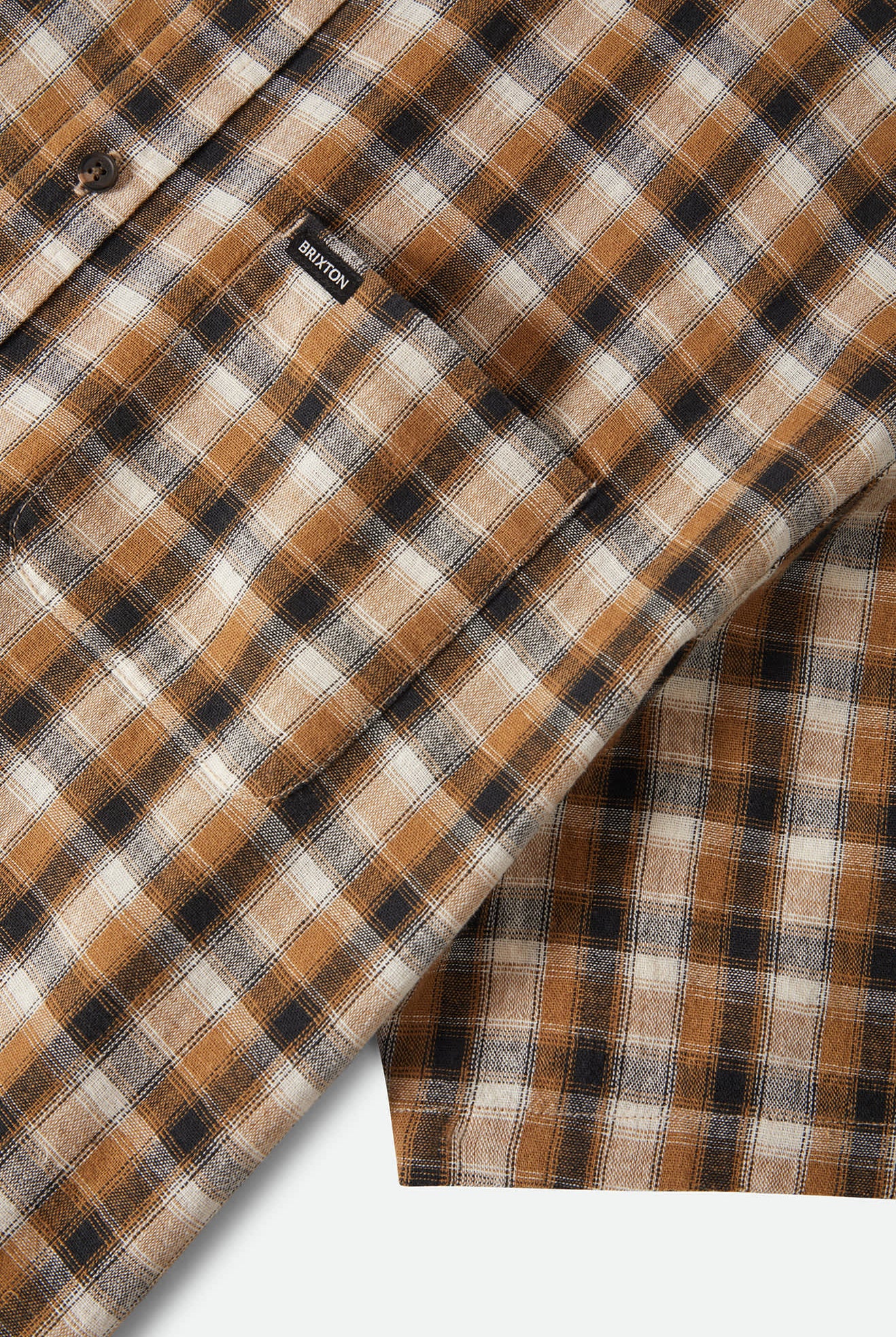 Men's Cru Linen Blend Plaid Short Sleeve Shirt in the color Black/Tobacco Plaid - Additional Laydown image