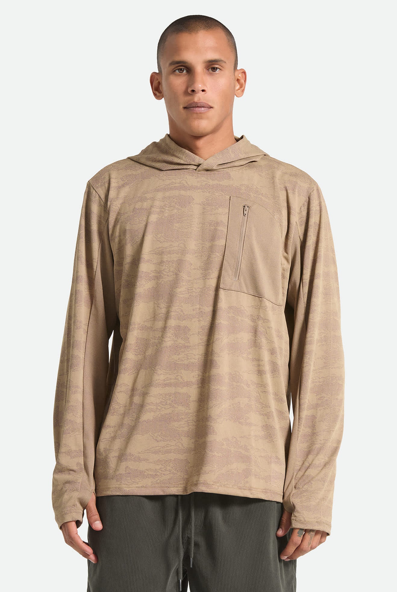 Men's Journey Long Sleeve Sun Hoodie in the color Desert Tiger Camo - Men's Front View