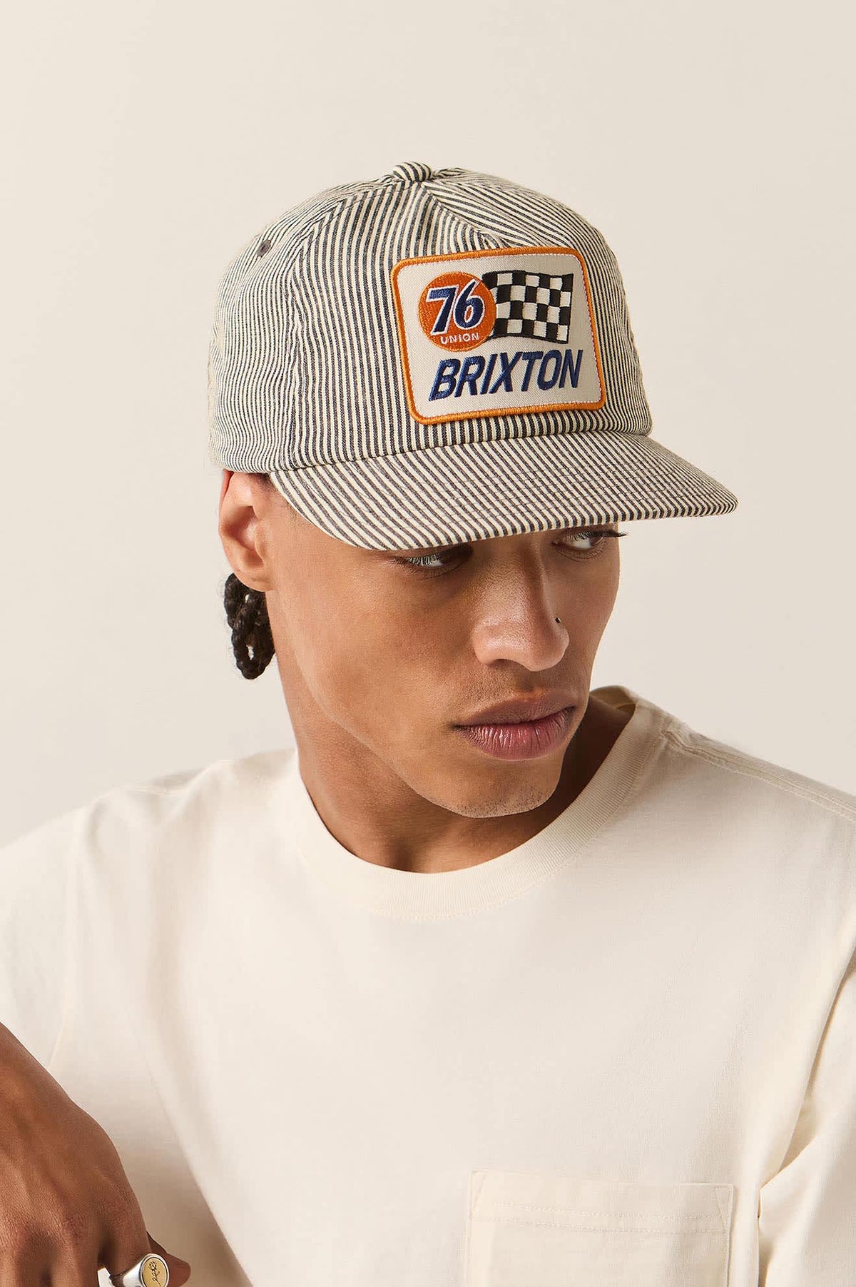 Unisex 76 Finish Line Snapback in the color Navy/Off White Hickory Stripe - Additional Fit image