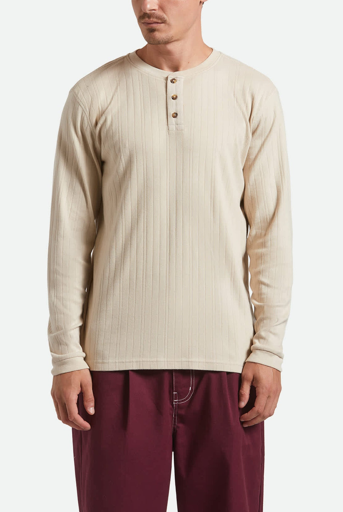 Men's Vintage Ribbed L/S Henley in the color Beige - Men's Front View