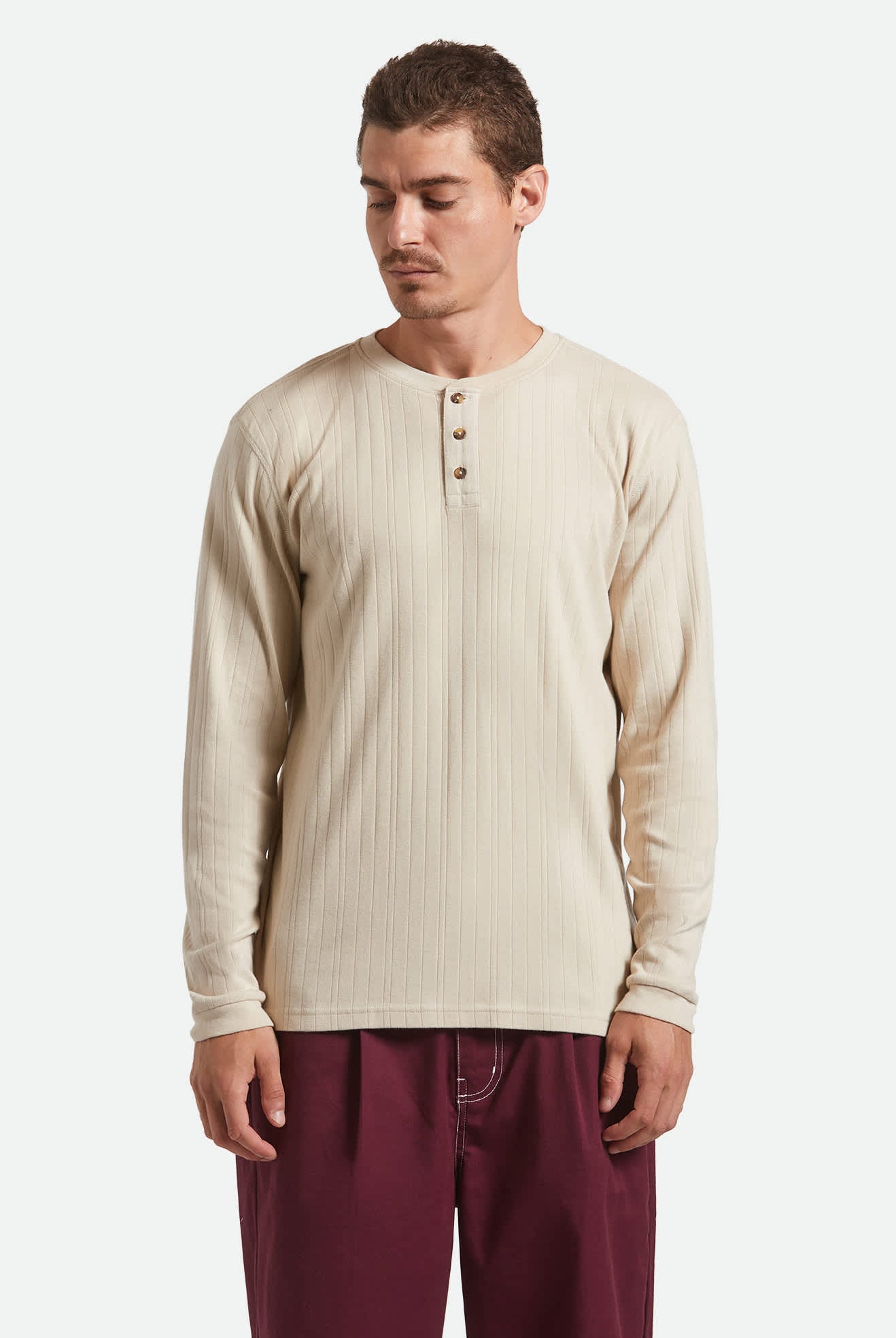 Men's Vintage Ribbed L/S Henley in the color Beige - Men's Front View