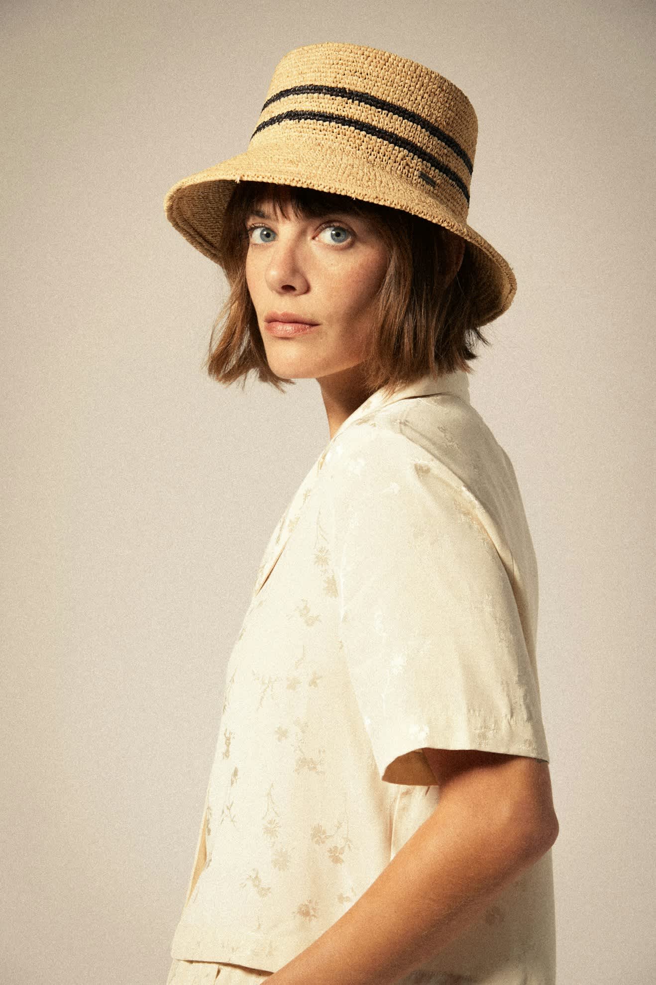 Women's Ellee Straw Bucket Hat in the color Tan/Black - Additional Fit image