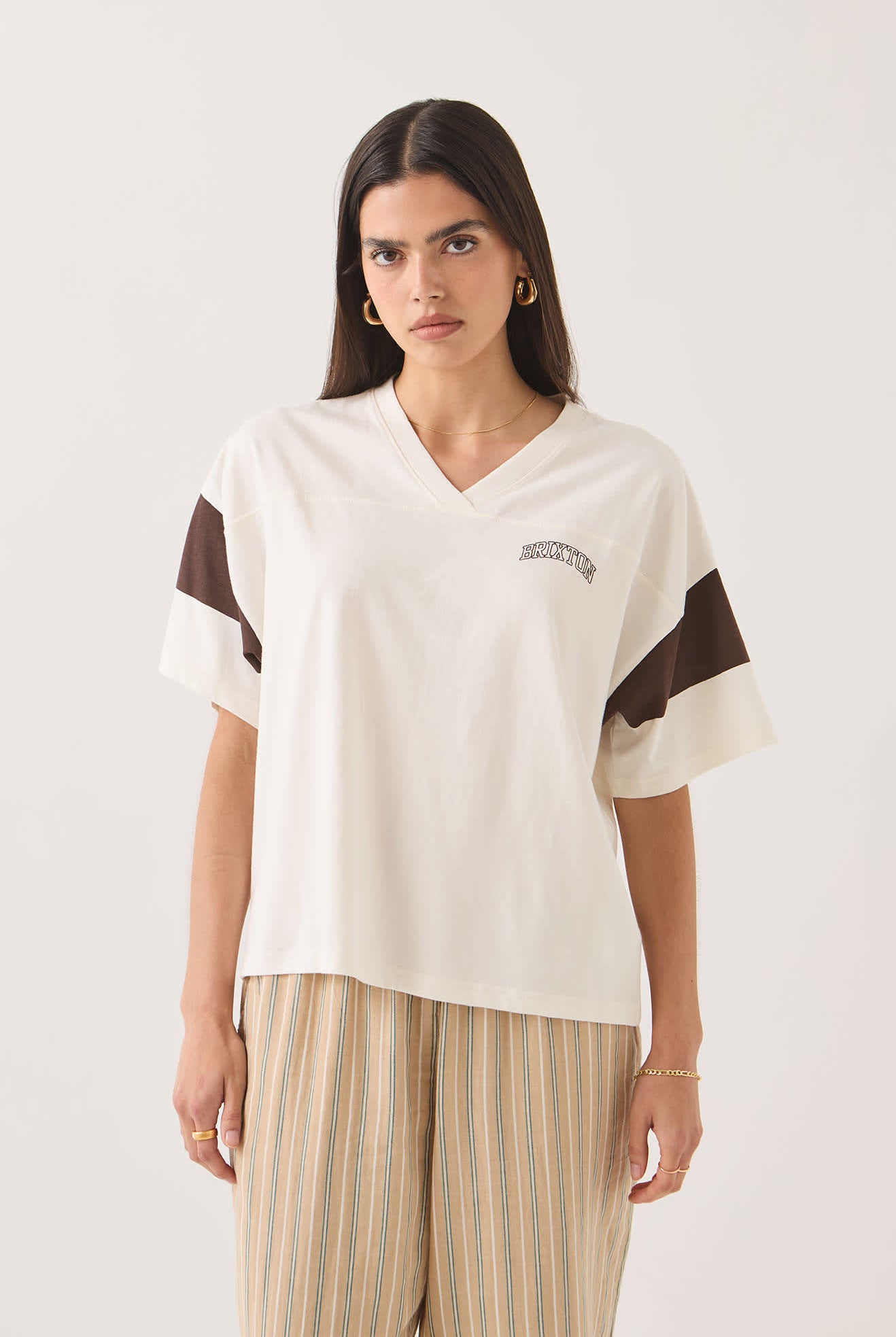 Women's Brixton Boxy Cropped Football T-Shirt in the color Off White - Women's Front View