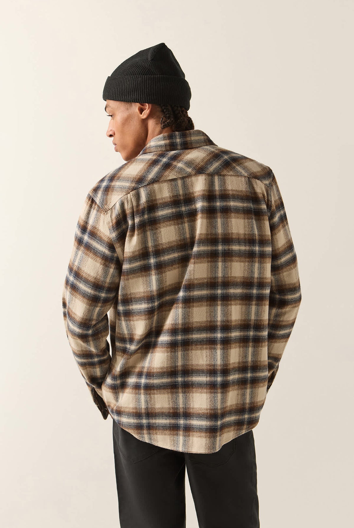 Men's Bowery Flannel in the color Soft Brown Plaid - Men's Back View