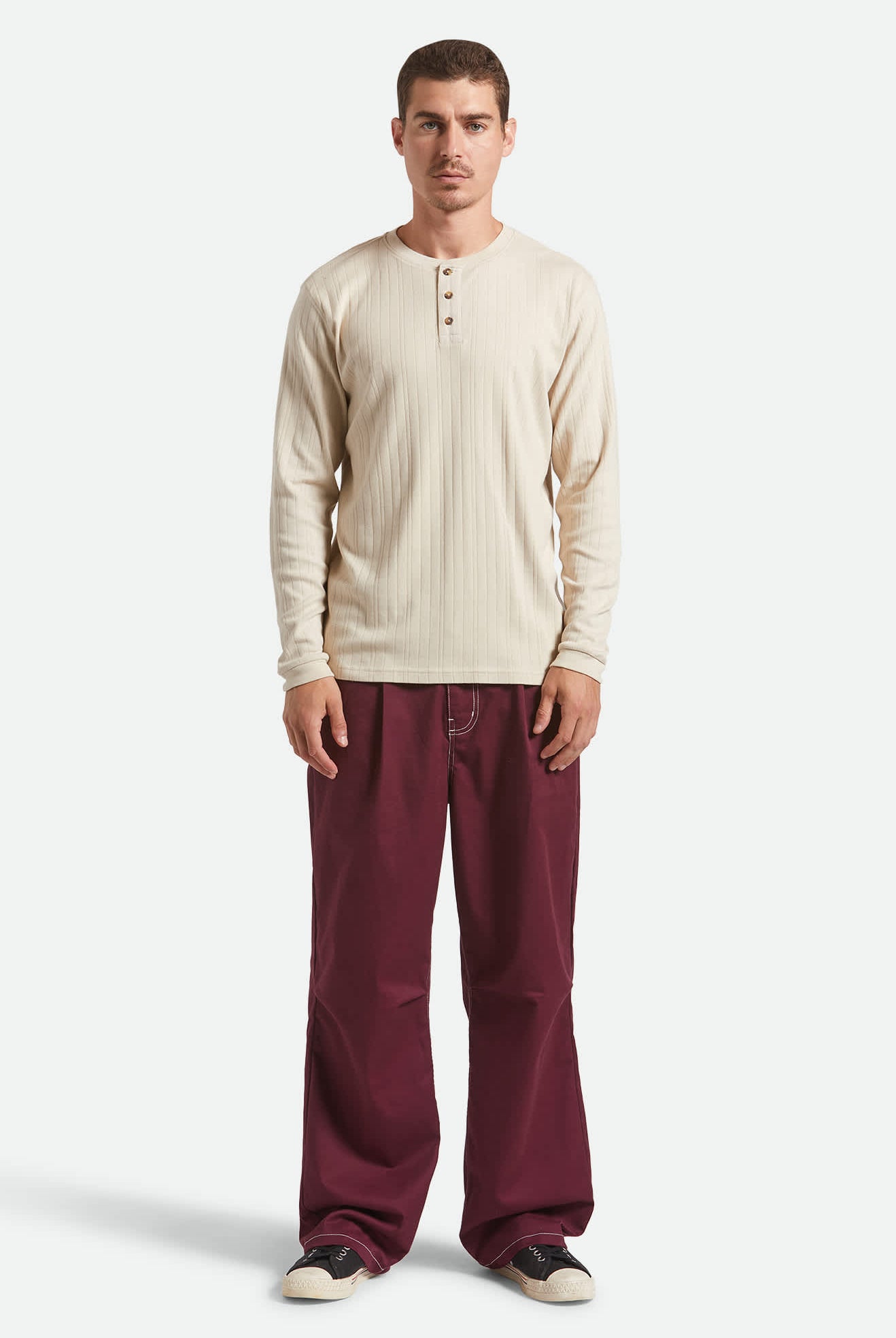 Men's Vintage Ribbed L/S Henley in the color Beige - Men's Back View