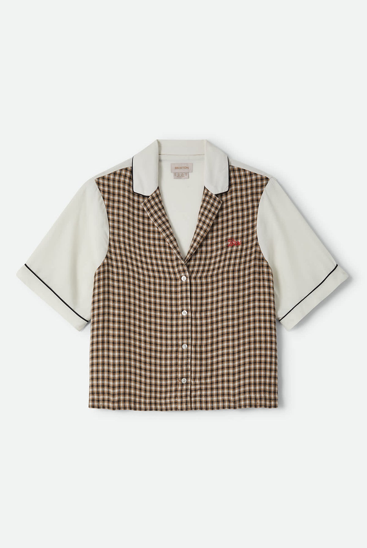 Women's Silky Bowling Button Down Shirt in the color Khaki/Off White/Black Micro - Front Product View