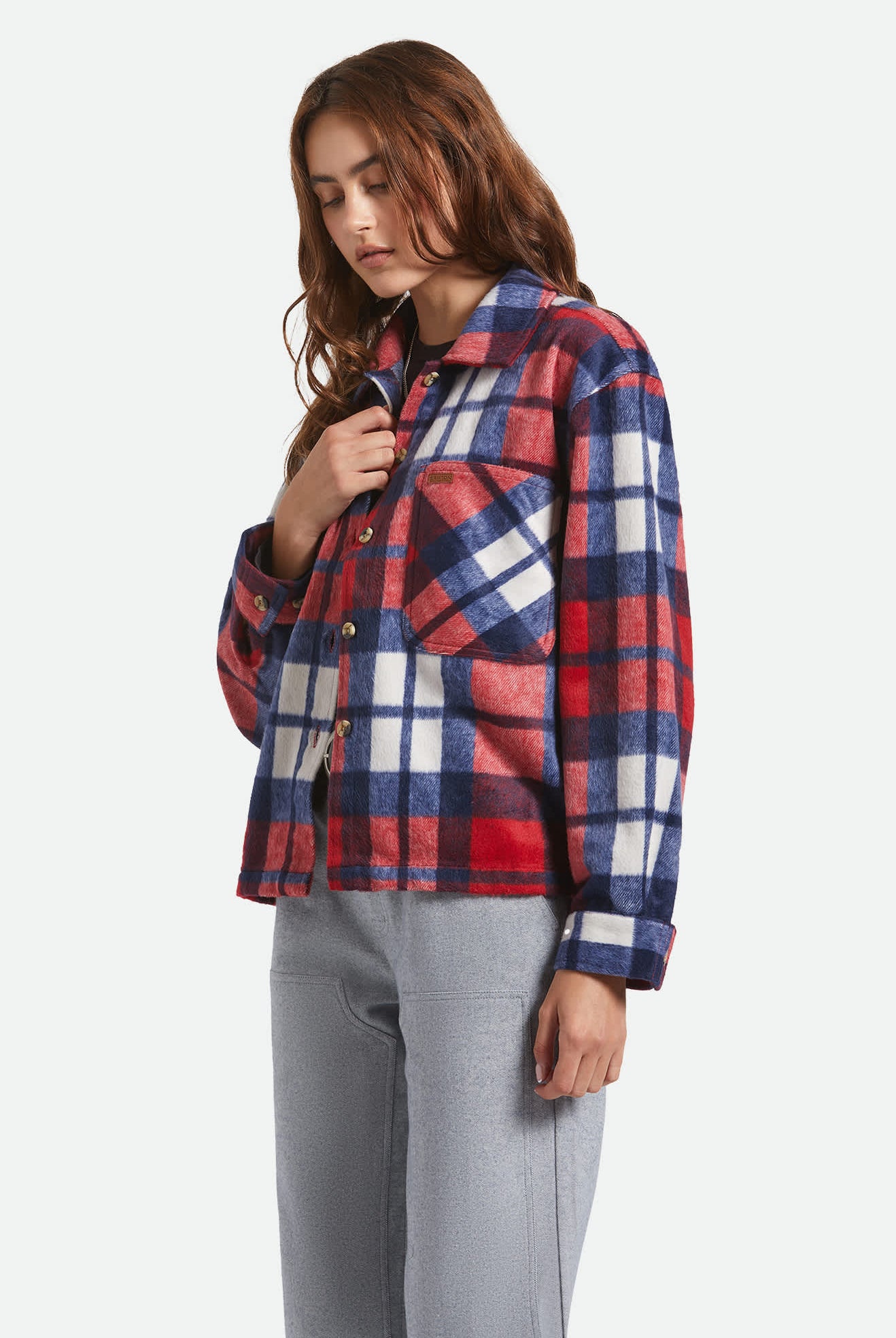 Women's Bowery Women's Soft Brushed Flannel in the color Adrenaline Rush/Navy - Women's Side View