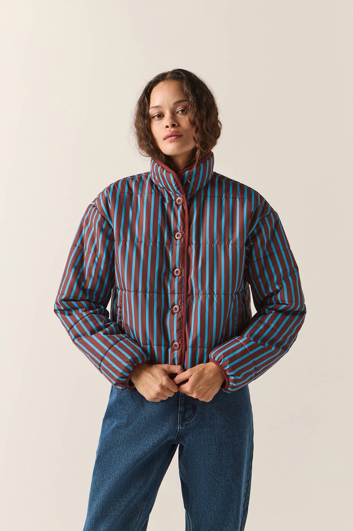 Women's Delilah Mock Neck Jacket in the color Dark Brick/Electric Indigo Stripe - Additional Fit image