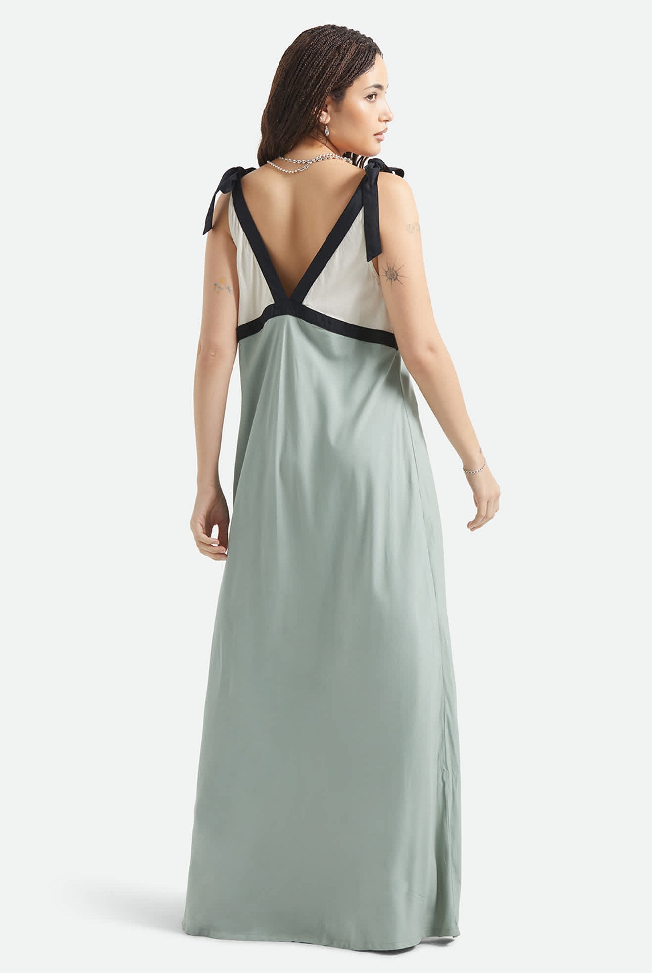Women's Sunset Tie Slip Dress in the color Sage Green/Whitecap - Women's Back View