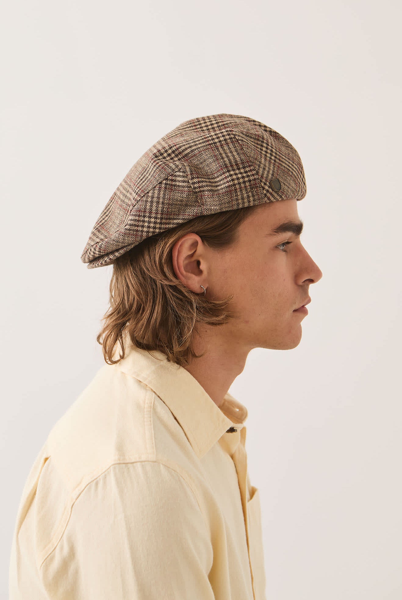 Unisex Hooligan Flat Cap in the color Brown/Tan/Red Plaid - Men's Side View