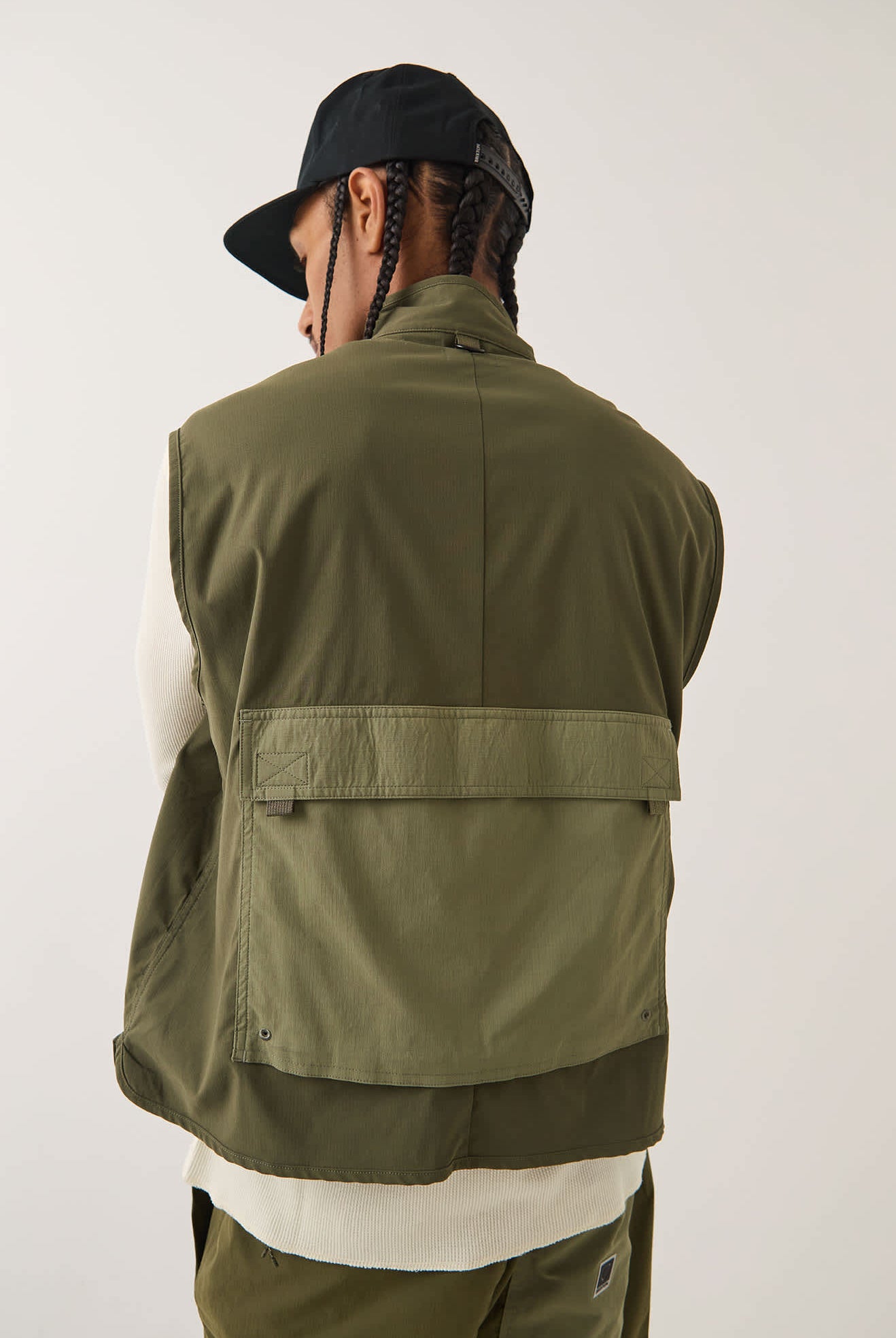 Men's Journey Utility Vest in the color Dark Olive/Olive Surplus - Men's Back View
