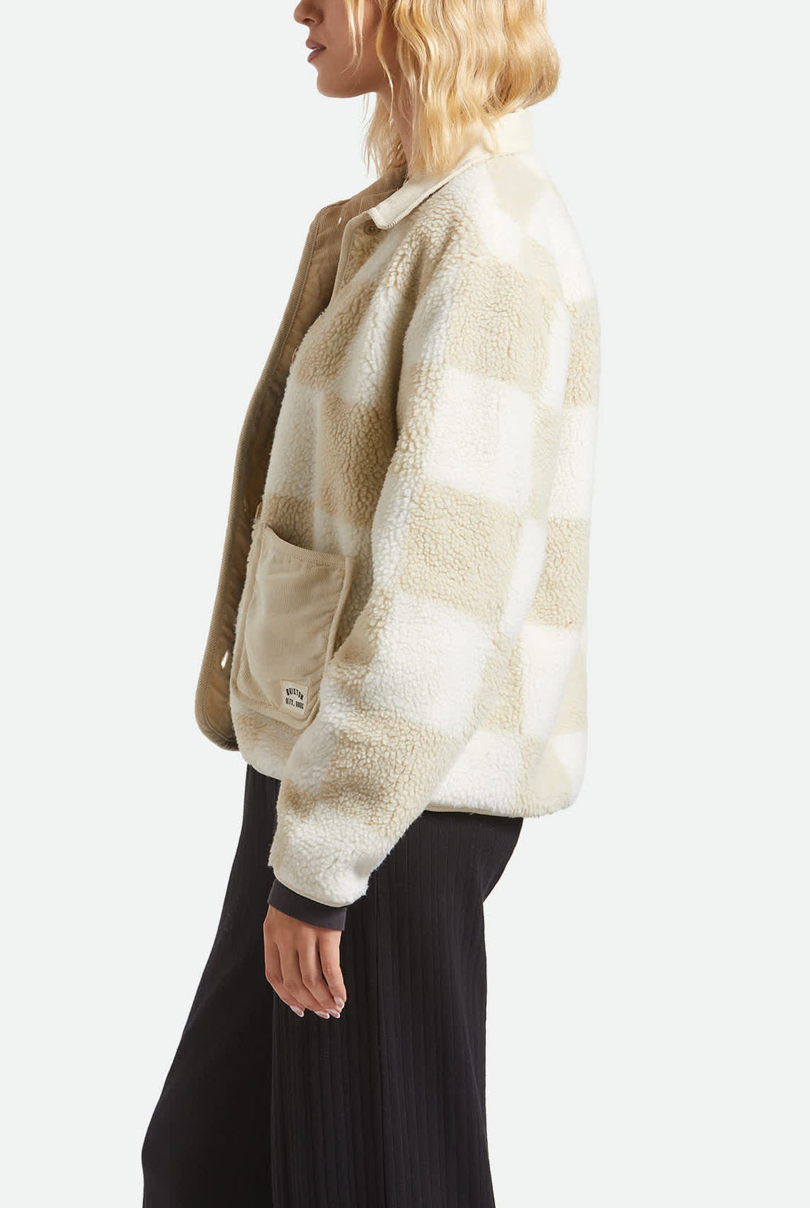 Women's Delilah Sherpa Jacket in the color White/Natural Finish Line Checker - Women's Side View
