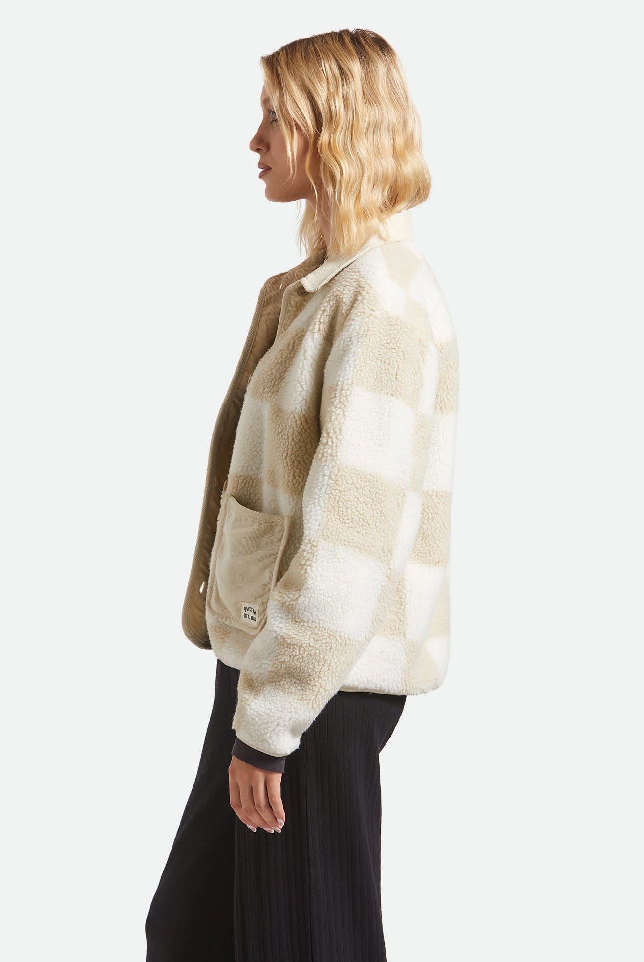 Women's Delilah Sherpa Jacket in the color White/Natural Finish Line Checker - Women's Side View