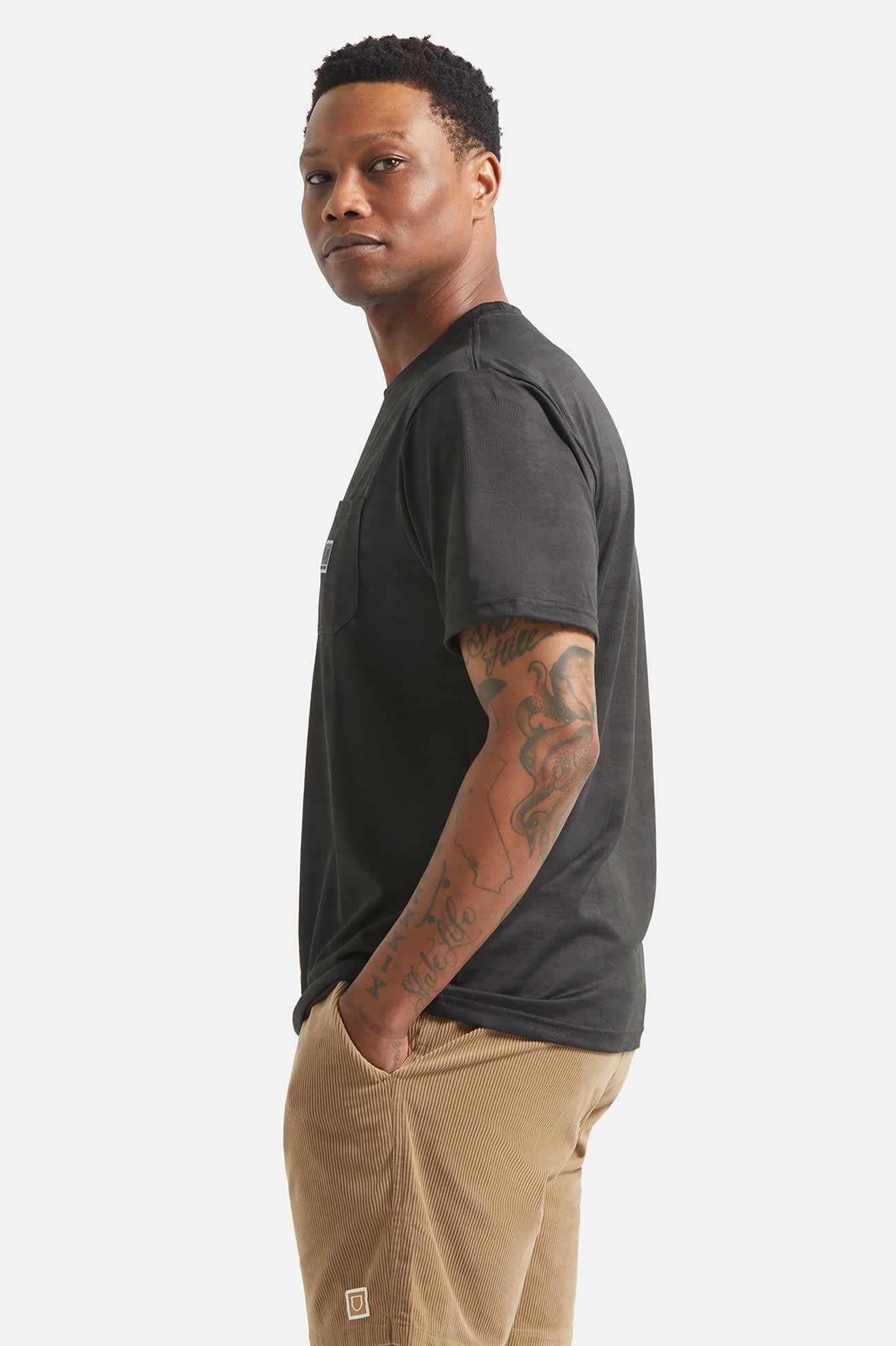 Men's Journey Short Sleeve Pocket T-Shirt in the color Black Tiger Camo - Men's Back View