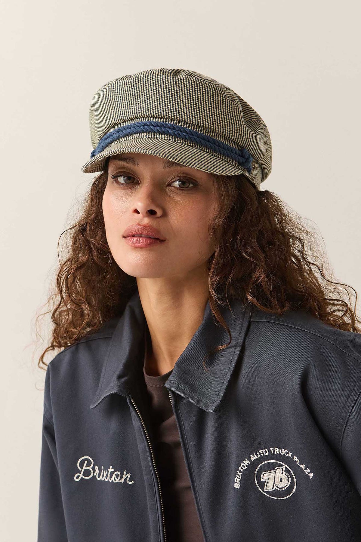 Unisex 76 Fiddler Fisherman Cap in the color Navy/Off White Hickory Stripe - Women's Front View