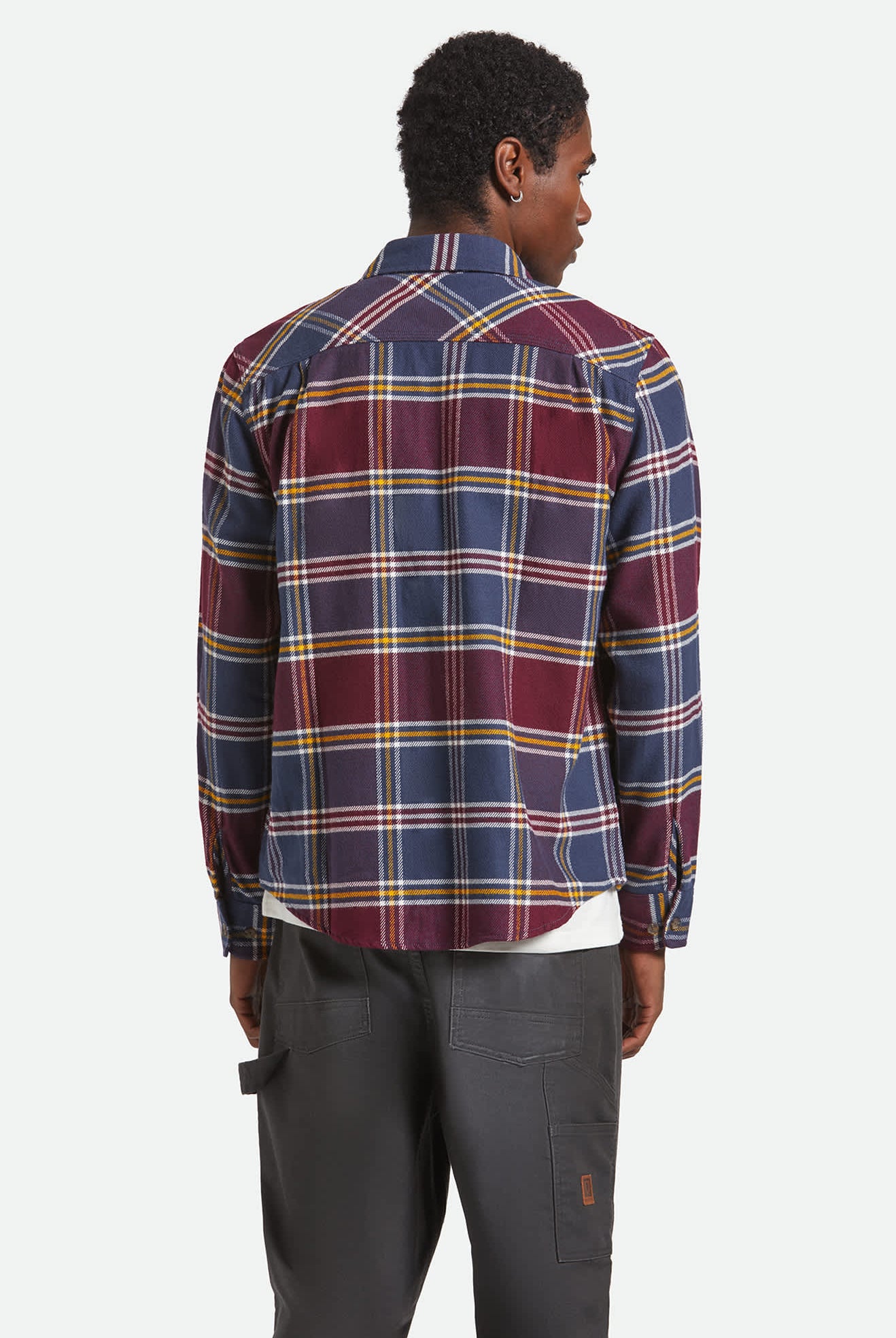 Men's Bowery L/S Flannel in the color Mood Indigo/Port/Saffron - Men's Back View