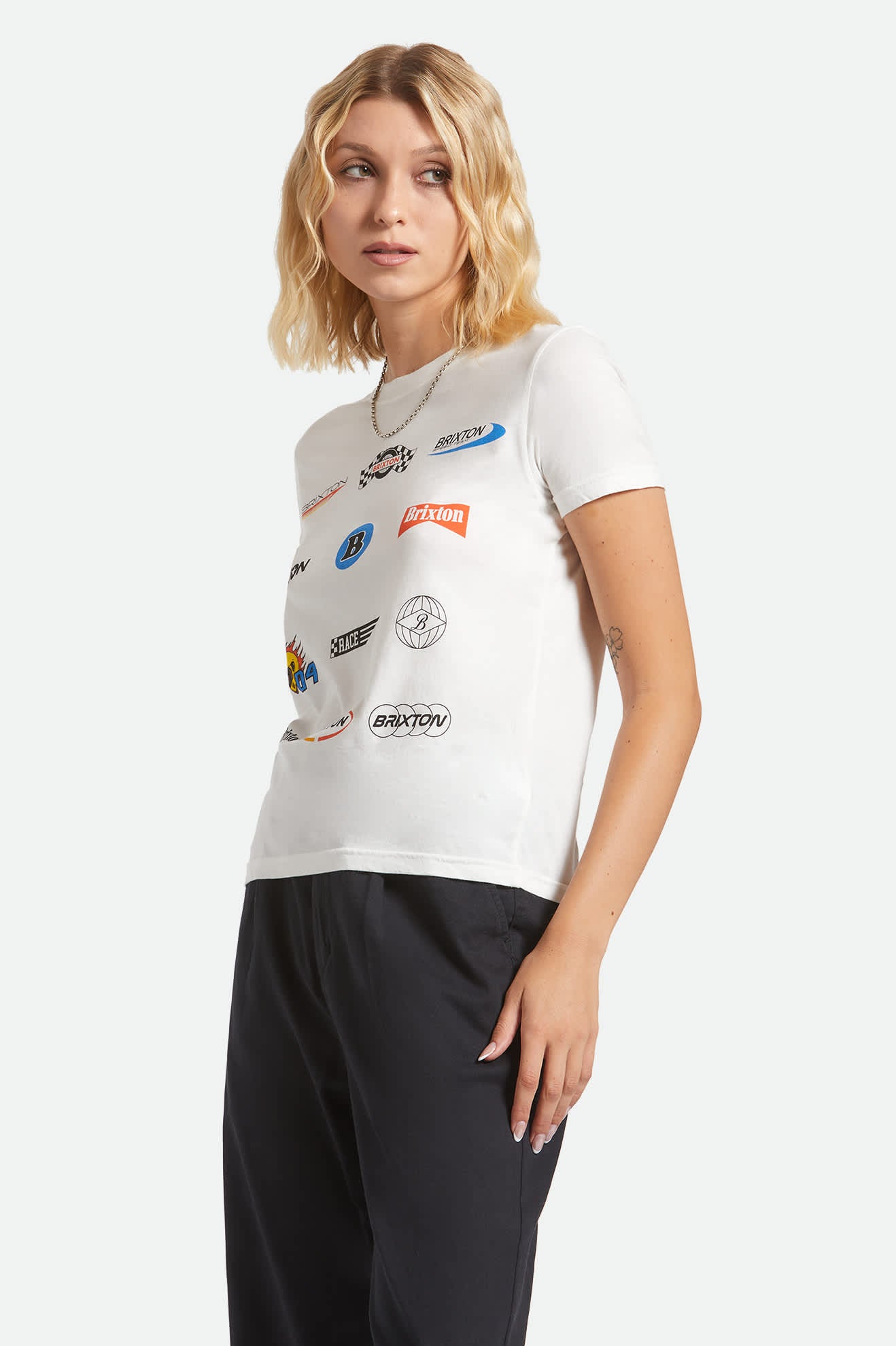 Women's Racing Patches Crew T-Shirt in the color Off White - Women's Side View