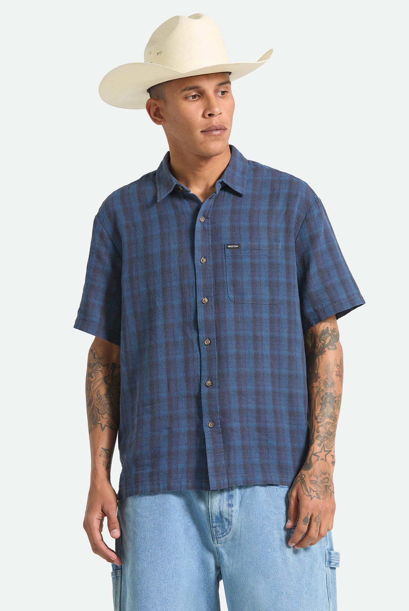 Men's Cru Linen Blend Plaid Short Sleeve Shirt in the color Dark Blue/Black Plaid - Men's Front View