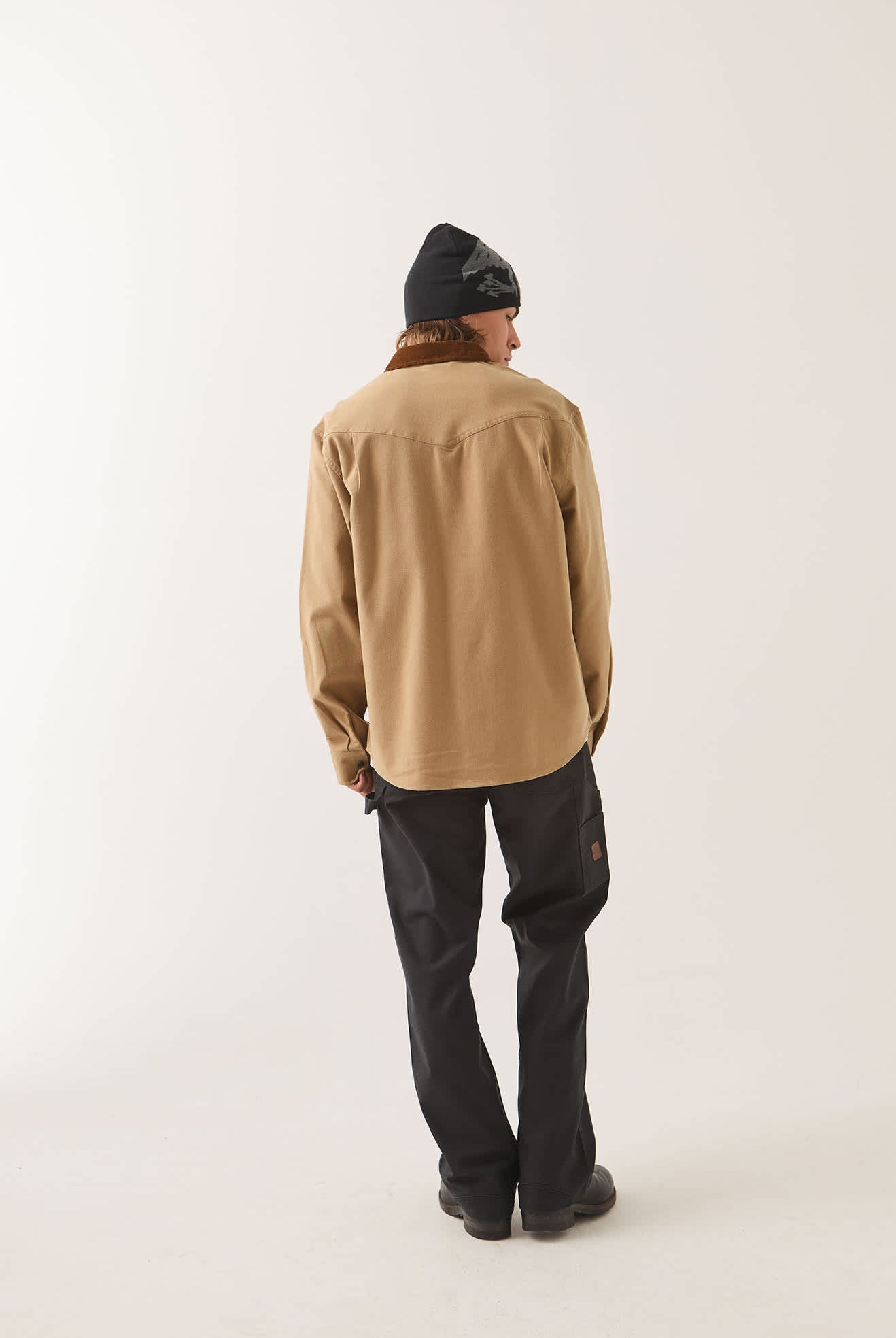 Men's Bowery Builders Ranch Performance Flannel in the color Khaki/Brown - Men's Back View
