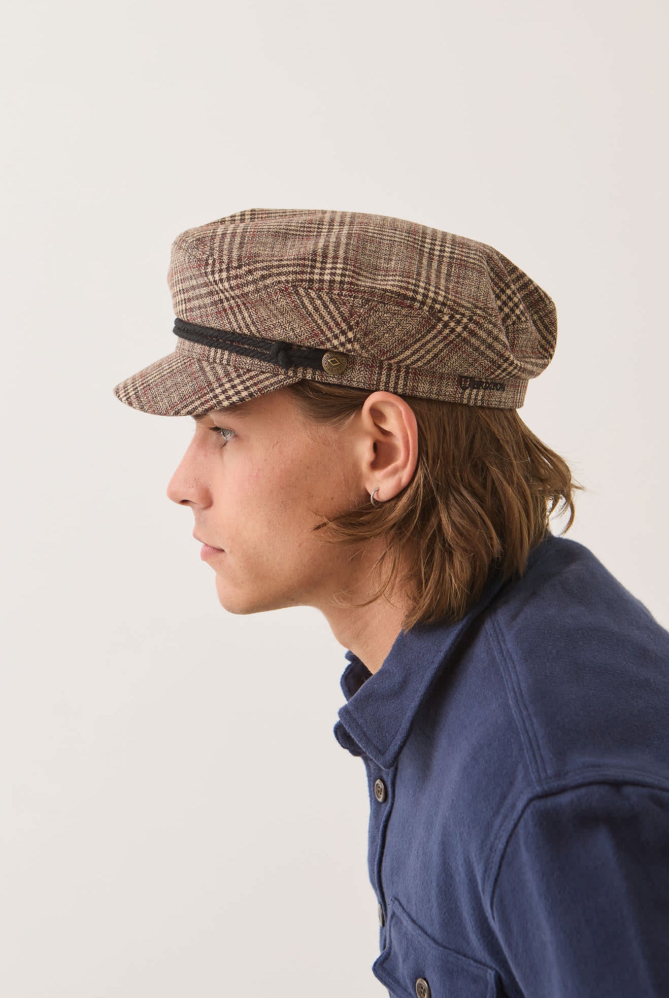 Unisex Fiddler Fisherman Cap in the color Brown/Tan/Red Plaid - Men's Side View