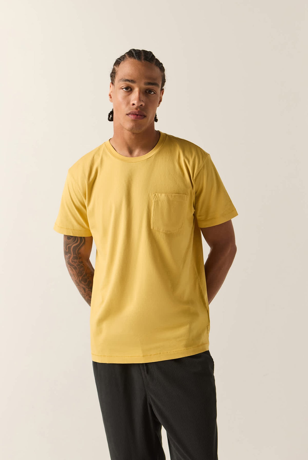 Men's Brixton Baseline Pocket T-Shirt in the color Dusted Ochre Vintage Wash - Men's Front View