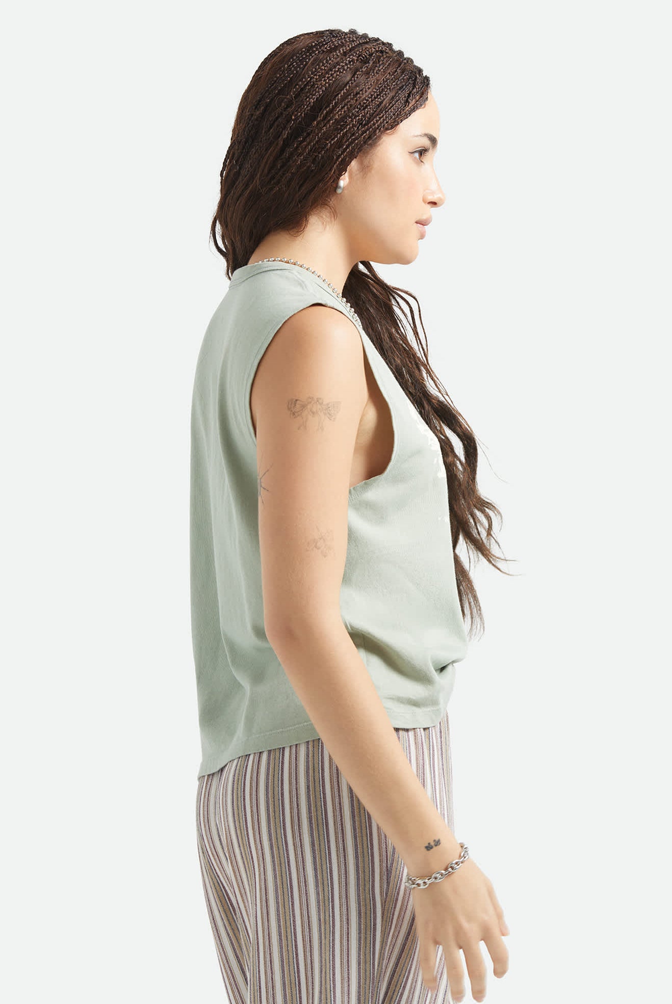 Women's Brixton Ranch Muscle Tank in the color Sage Green - Additional Fit image