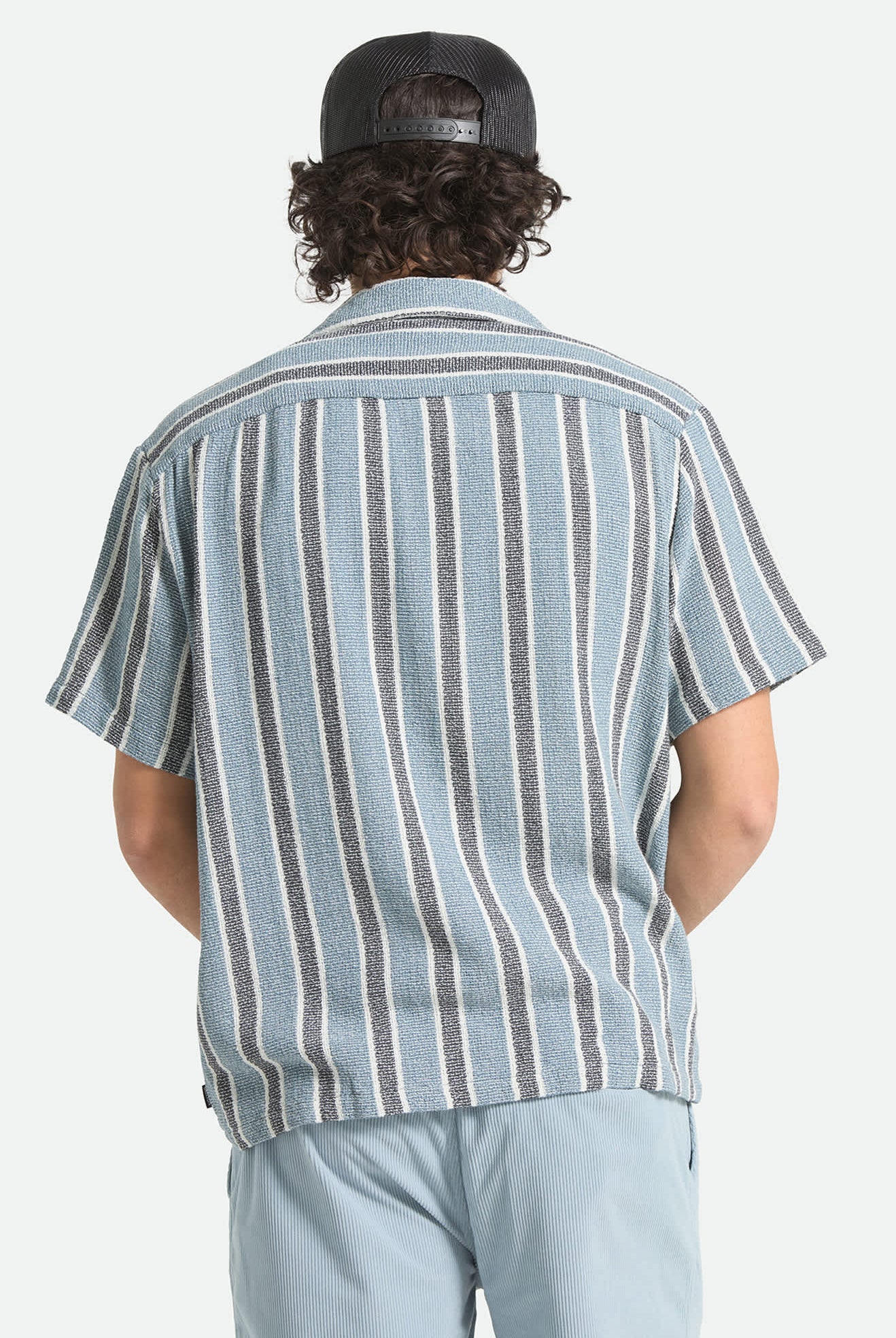 Men's The Dexter Textured Stripe Short Sleeve Shirt in the color Black/Dusty Blue - Men's Back View