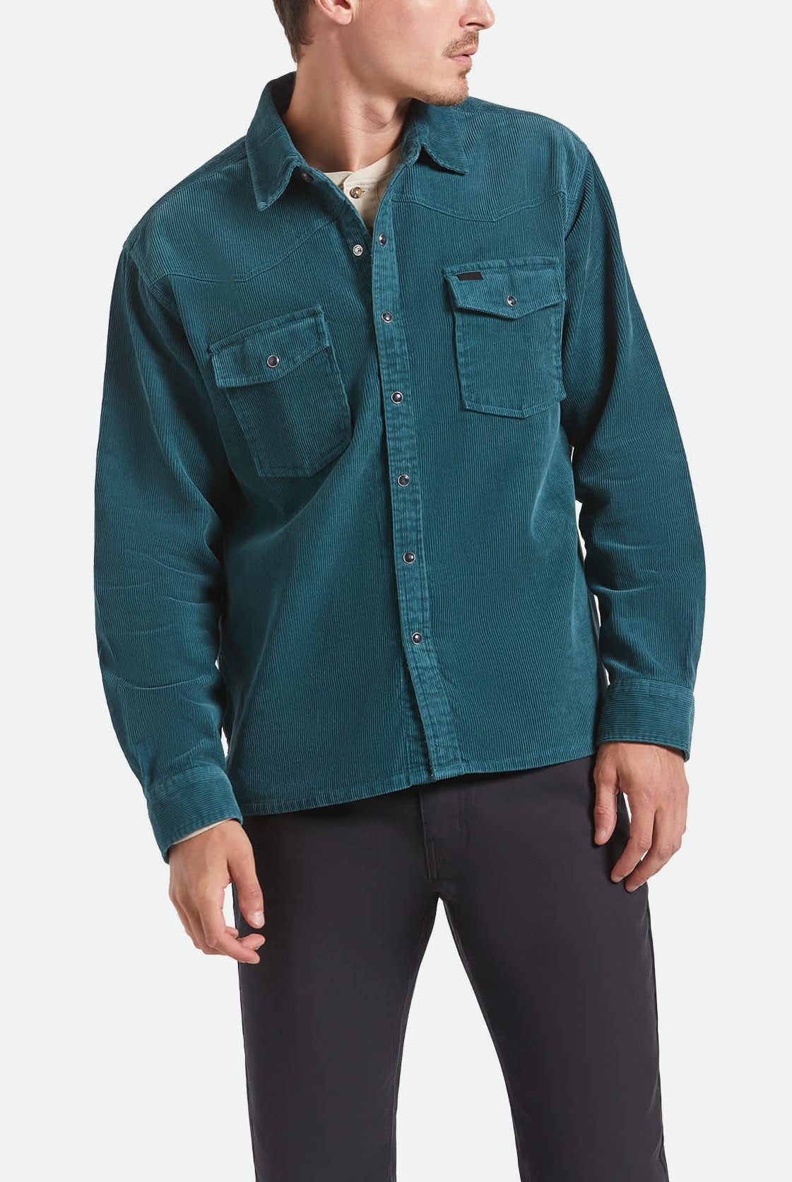Men's New West Relaxed Overshirt in the color Night Sage Corduroy - Men's Front View