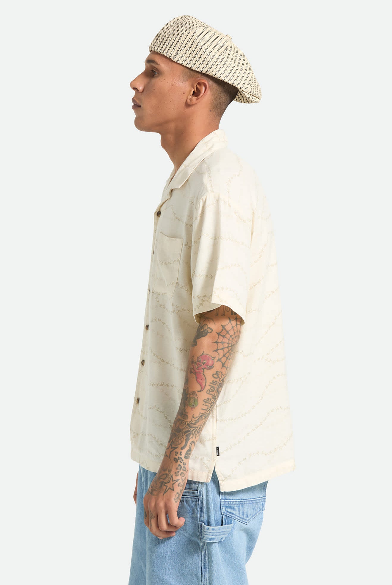 Men's Bunker Slub Short Sleeve Shirt in the color Whitecap/Black Swallows - Men's Side View