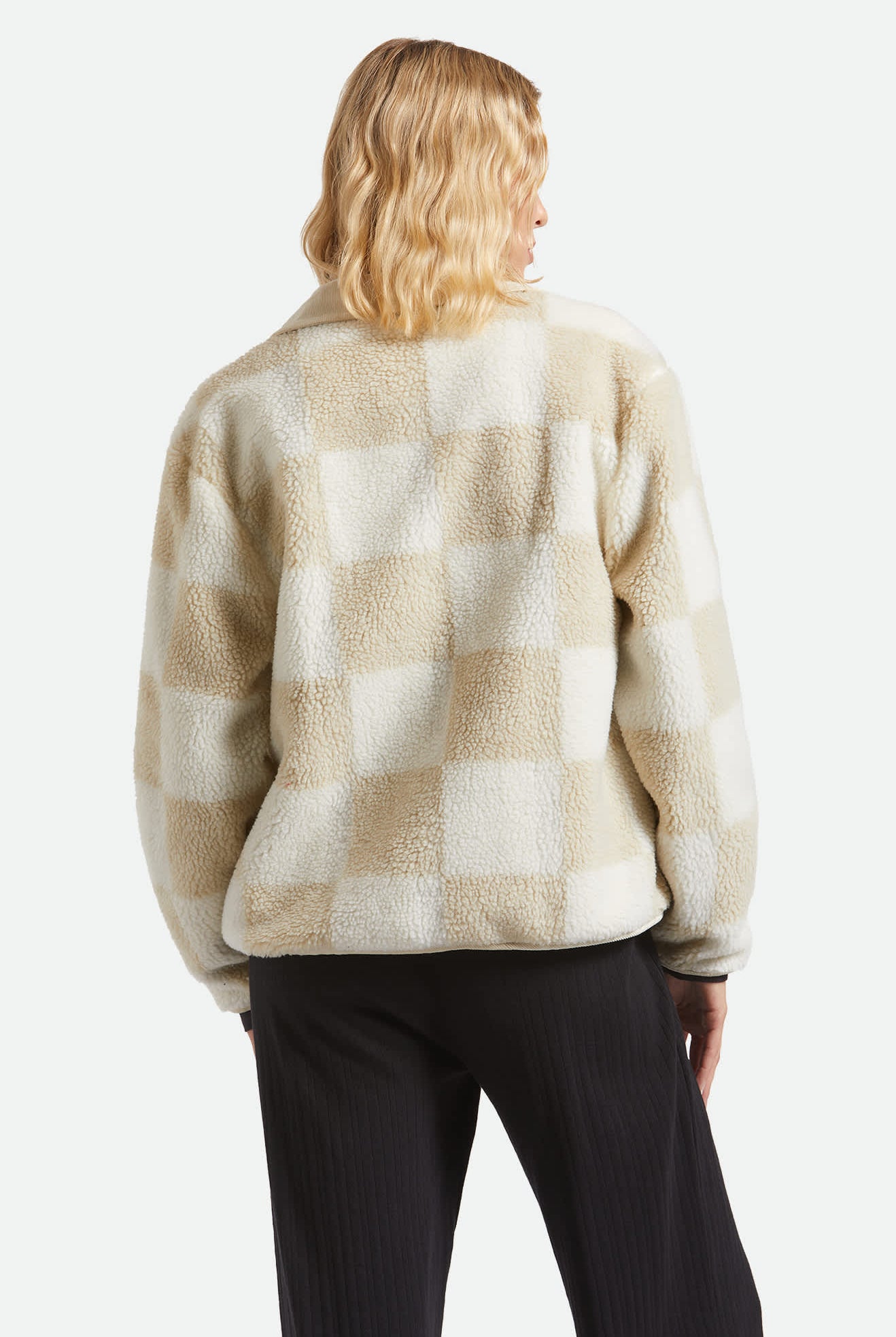 Women's Delilah Sherpa Jacket in the color White/Natural Finish Line Checker - Women's Back View