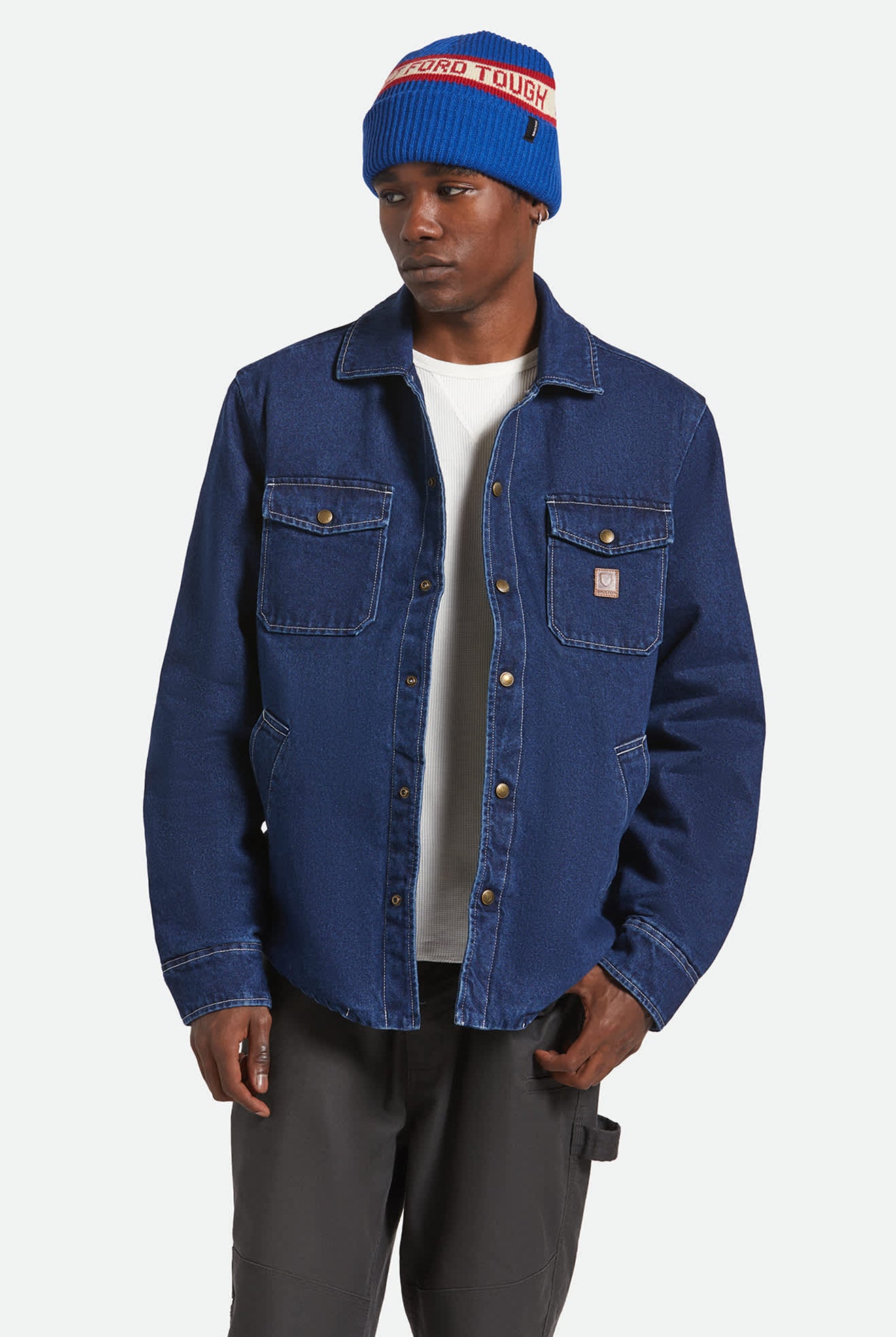 Men's Durham Sherpa Lined Jacket in the color Medium Wash Denim - Men's Front View
