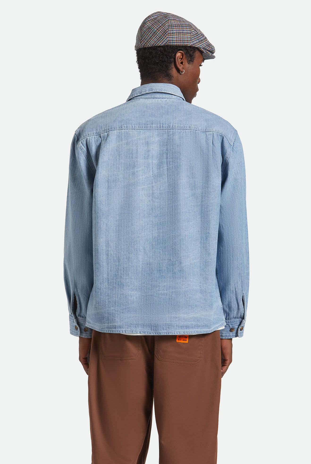 Men's Herringbone Relaxed L/S Overshirt in the color Light Wash Denim Herringbone - Men's Back View