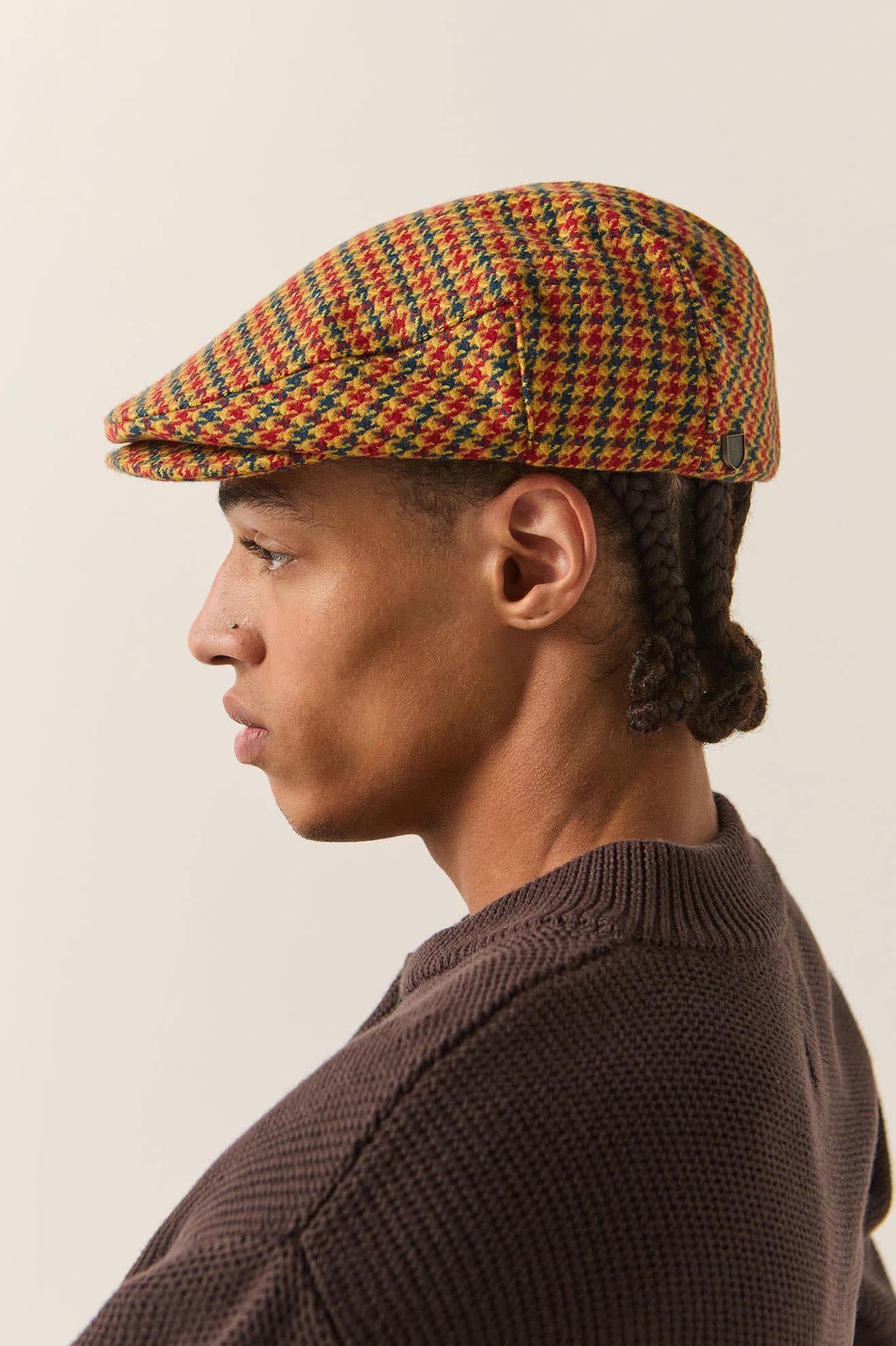 Unisex Hooligan Flat Cap in the color Taupe/Orange/Royal - Men's Side View