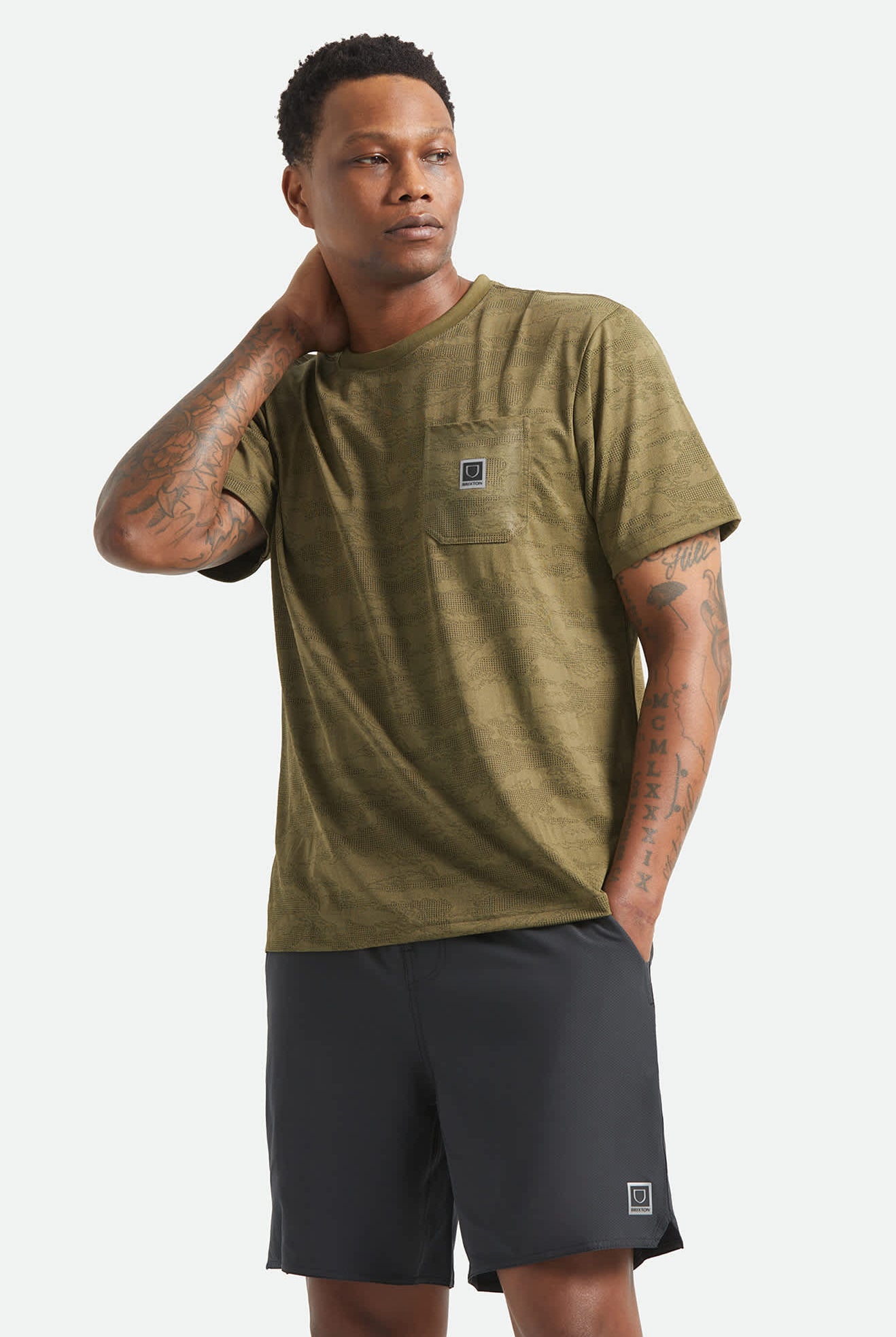 Men's Journey Short Sleeve Pocket T-Shirt in the color Olive Tiger Camo - Men's Front View