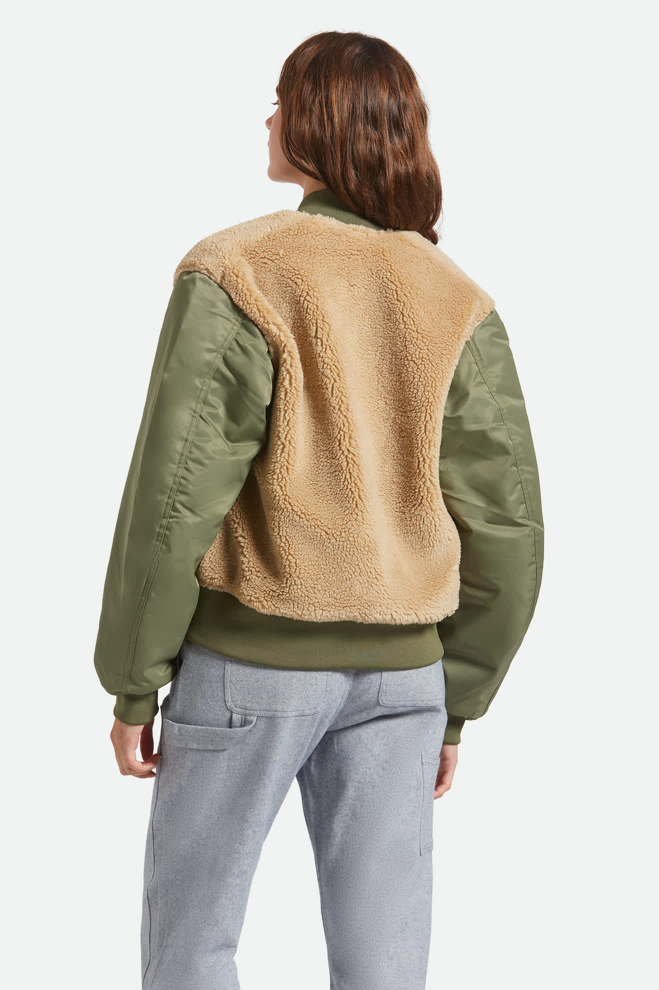 Women's Sherpa Surplus Bomber Jacket in the color Olive Surplus - Women's Back View