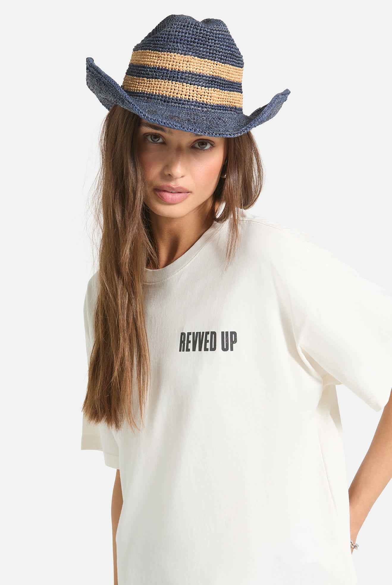 Women's Odessa Straw Packable Cowboy Hat in the color Midnight Blue/Tan Stripe - Additional Fit image
