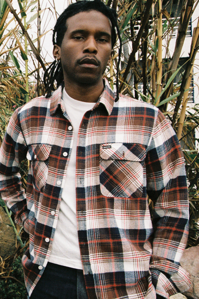 Brixton Bowery L/S Flannel - Washed Navy/Sepia/Off White